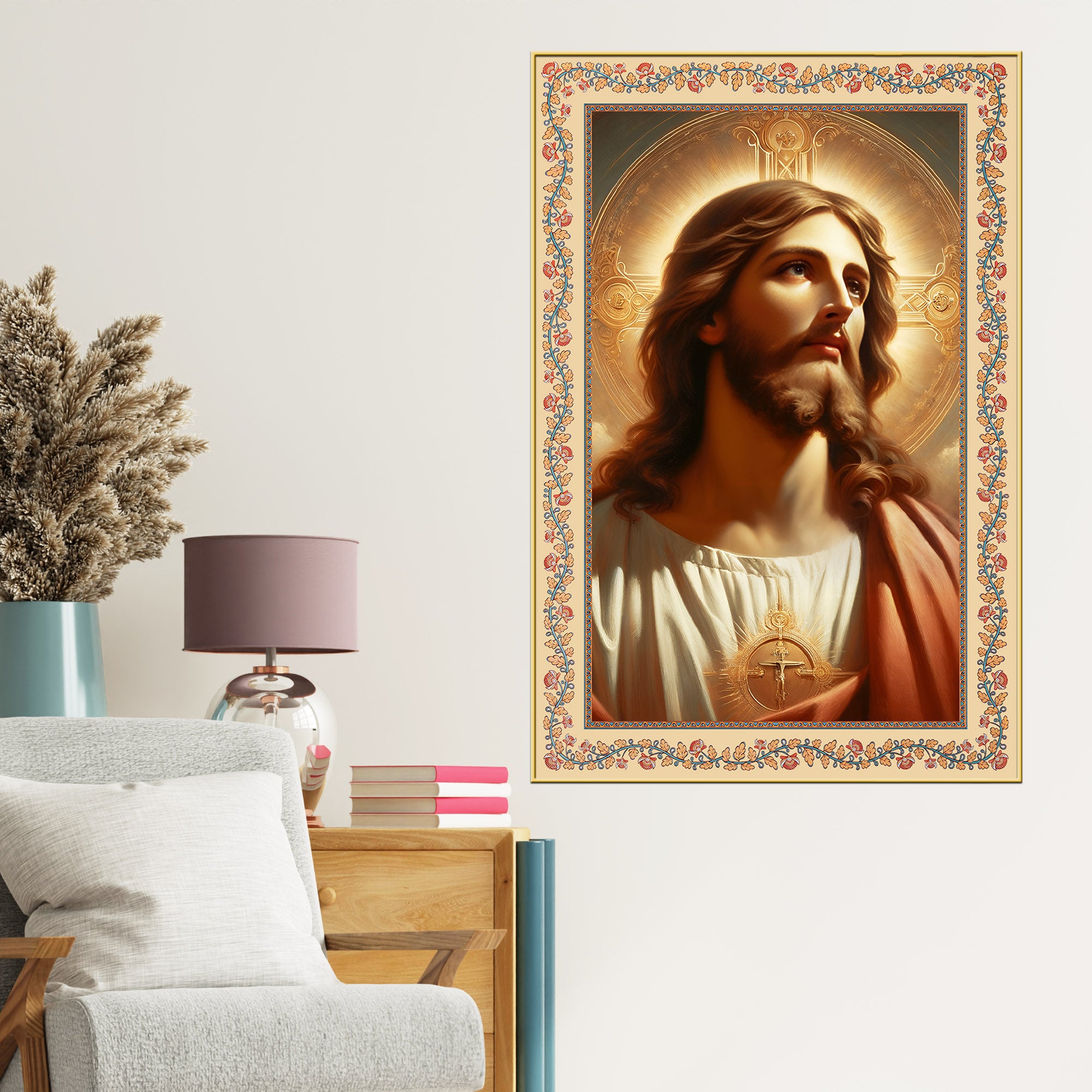 Sacred Savior Jesus Floral Border Vertical Canvas Wall Painting