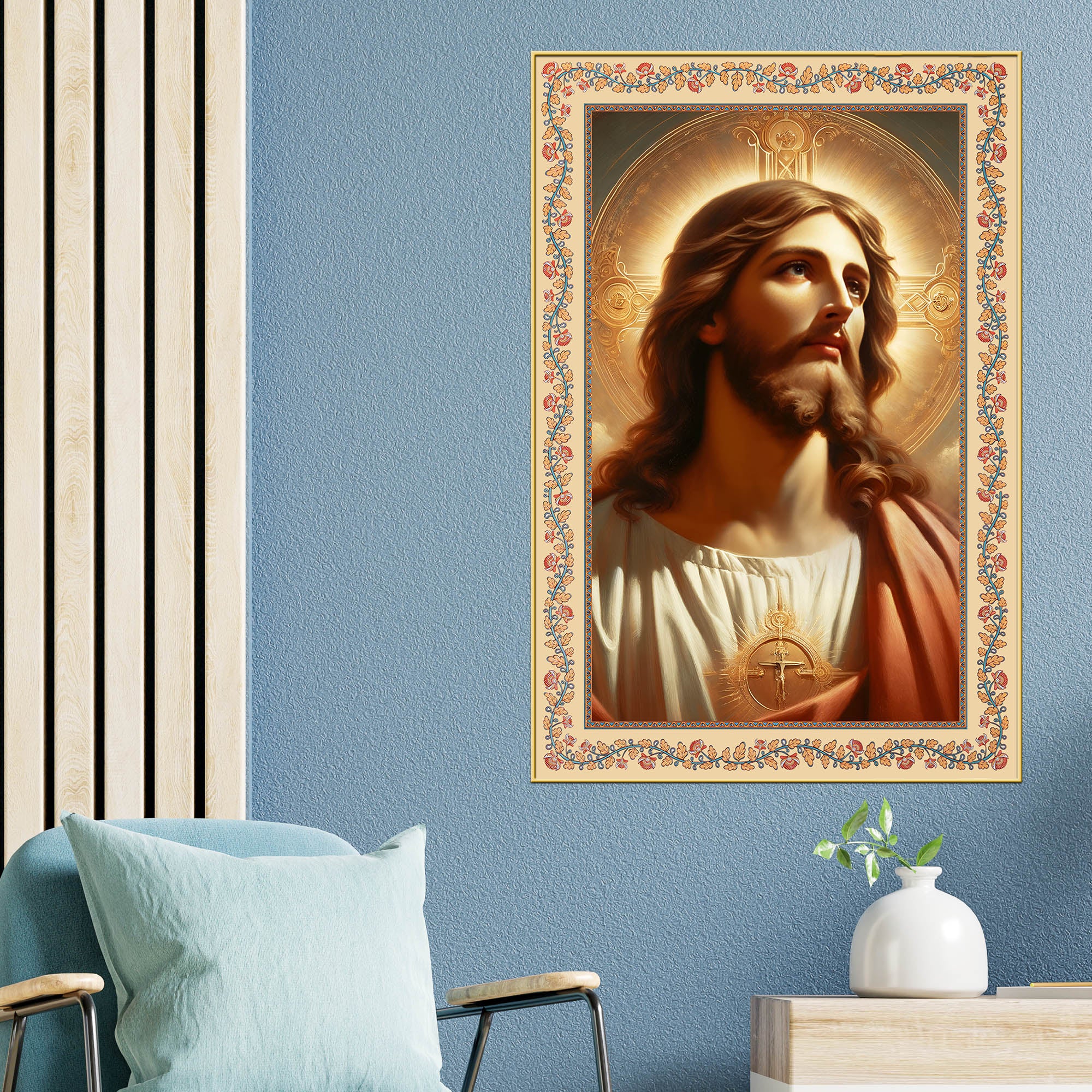 Sacred Savior Jesus Floral Border Vertical Canvas Wall Painting