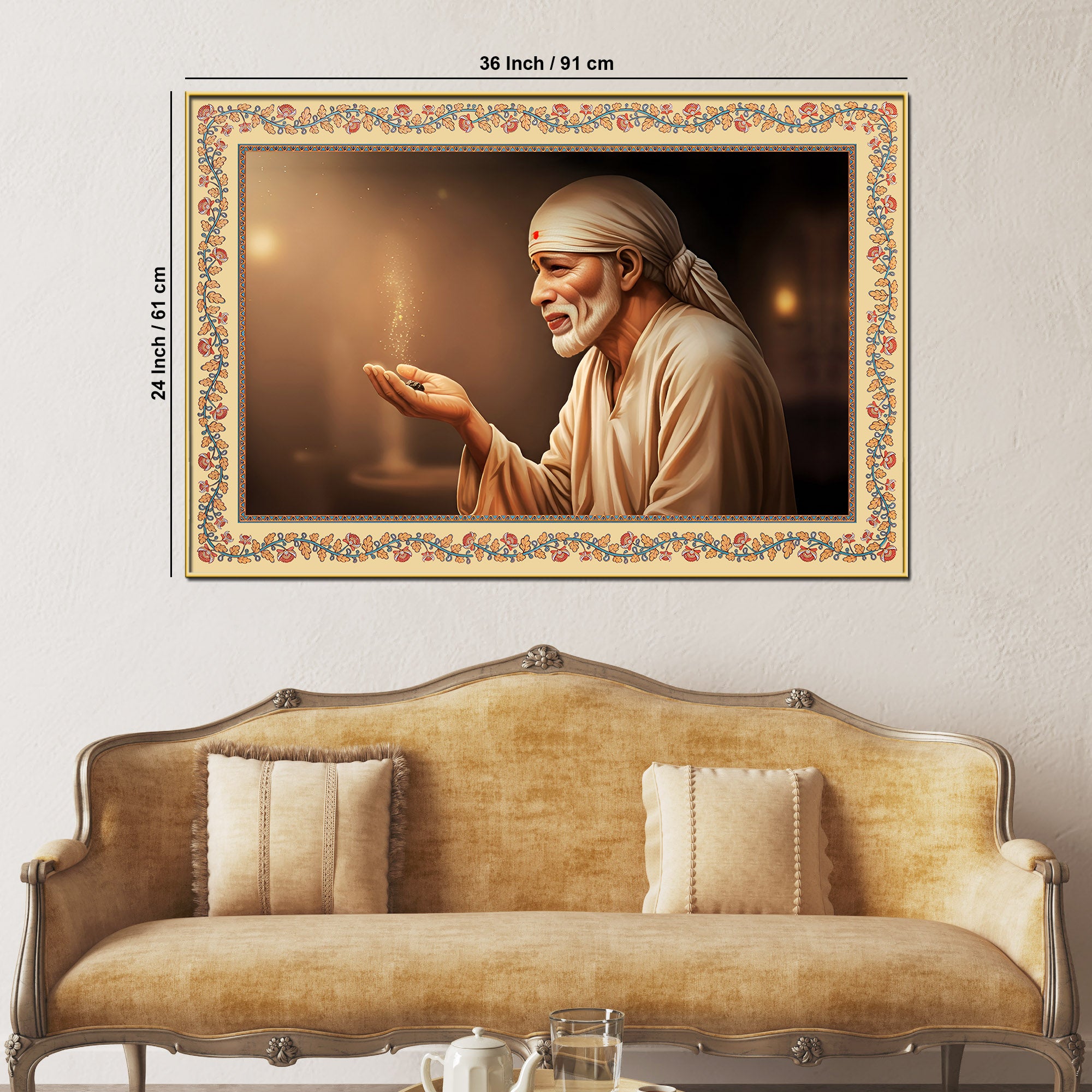 Sacred Shirdi Sai Baba Floral Border Canvas Wall Painting