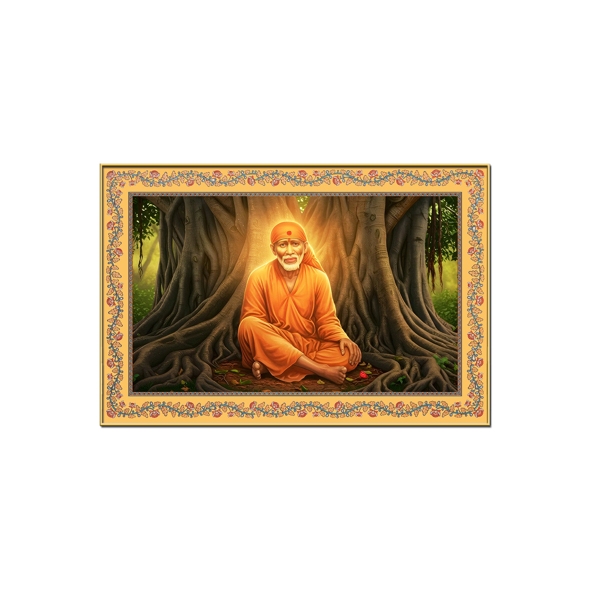 Sai Baba Under the Tree Floral Border Canvas Wall Painting