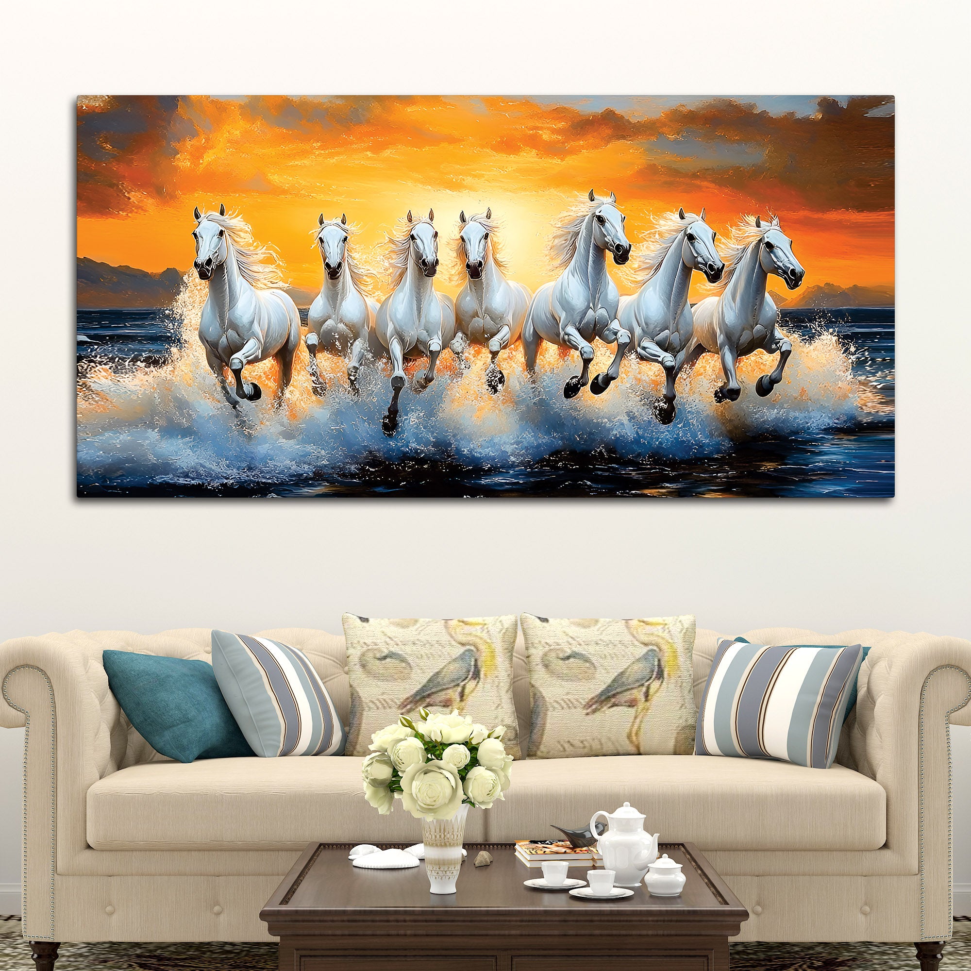 Scenic view of Seven Horses Running at Beach Canvas Wall Painting