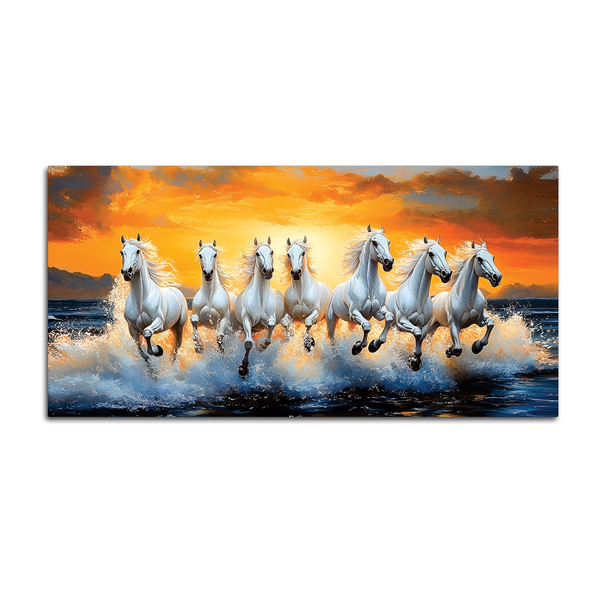 Scenic view of Seven Horses Running at Beach Canvas Wall Painting