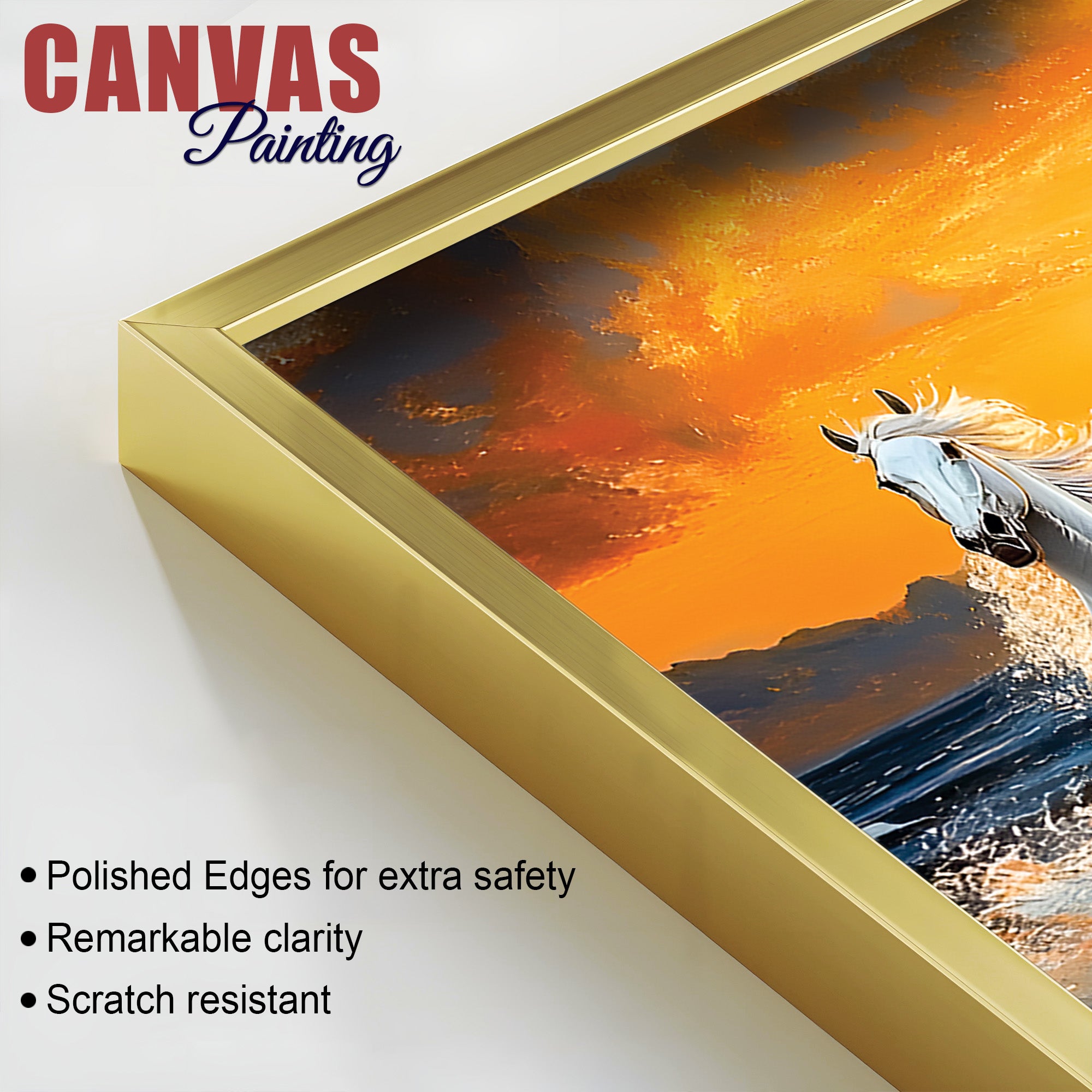 Scenic view of Seven Horses Running at Beach Canvas Wall Painting