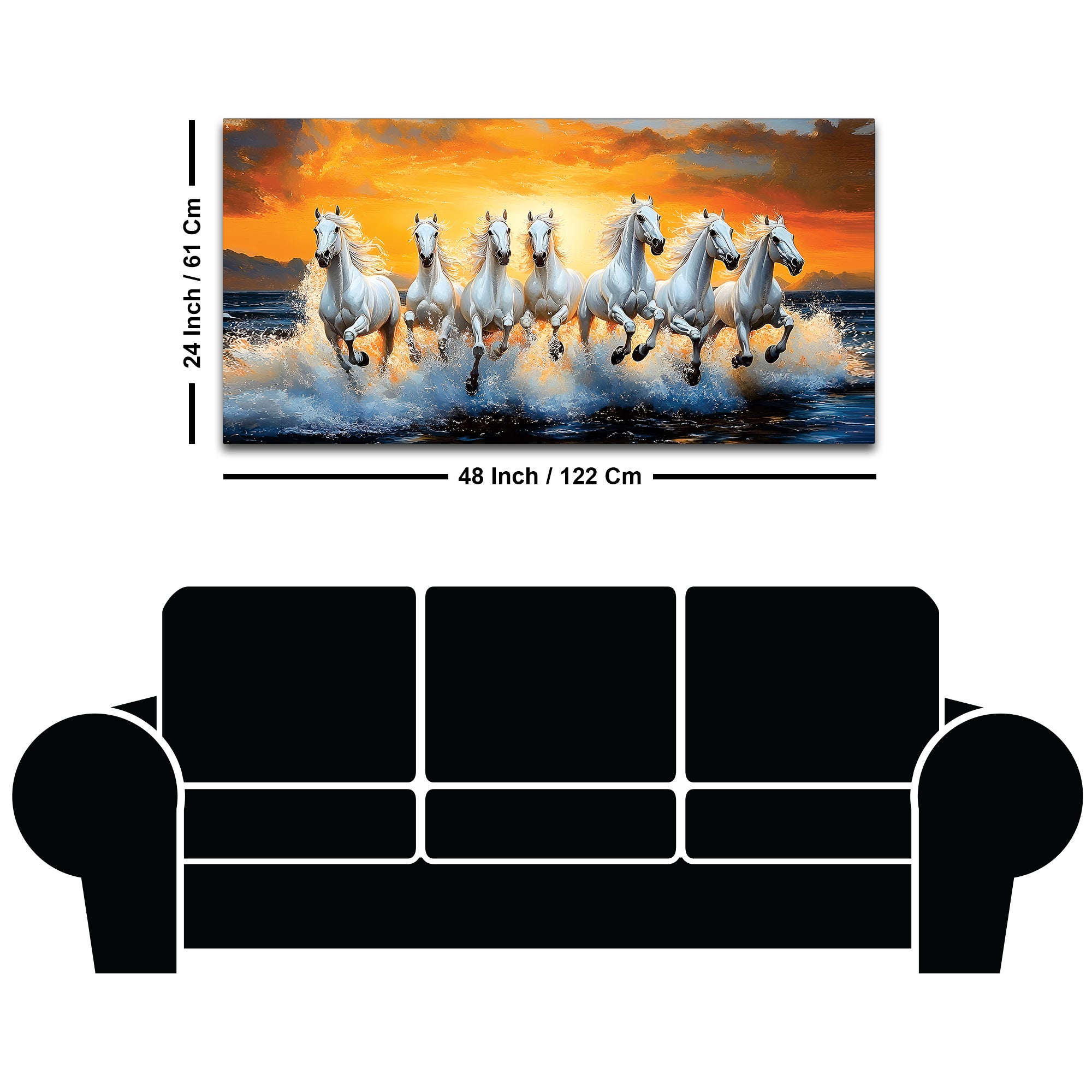 Scenic view of Seven Horses Running at Beach Canvas Wall Painting