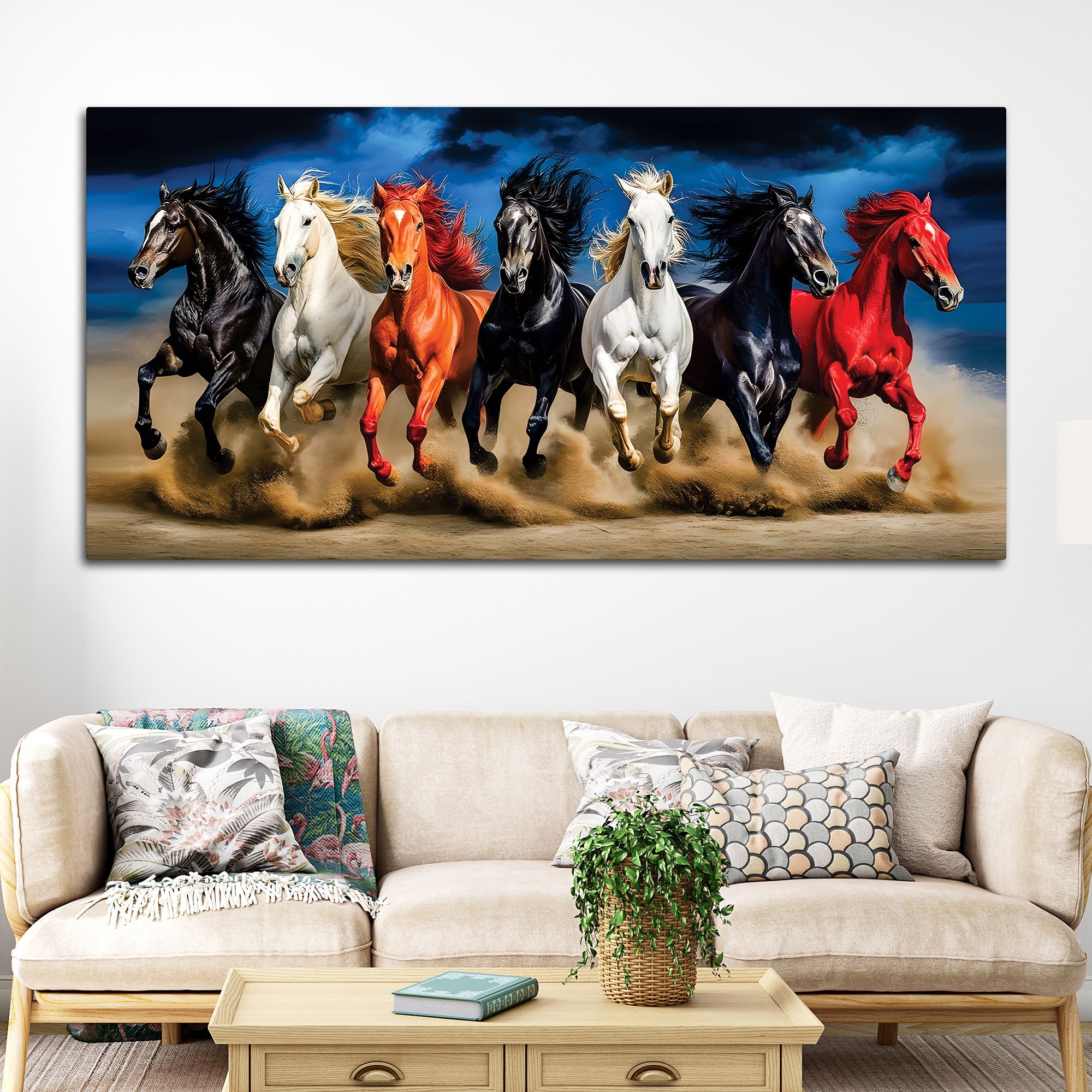 Scenic view Seven Horses Running at Night Canvas Wall Painting
