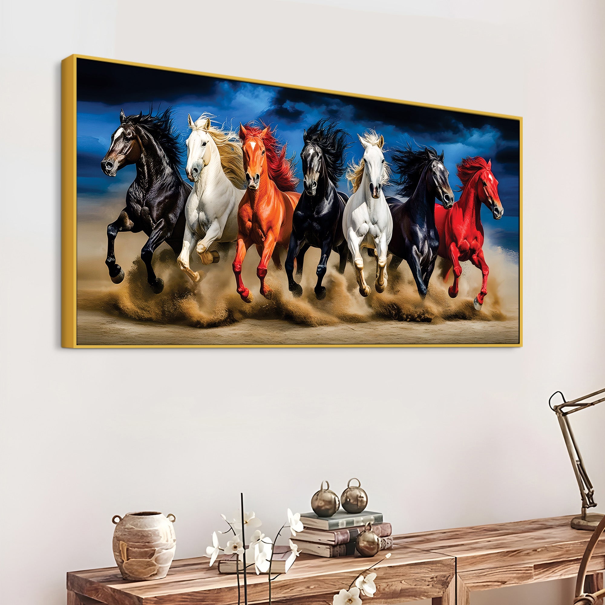 Scenic view Seven Horses Running at Night Canvas Wall Painting