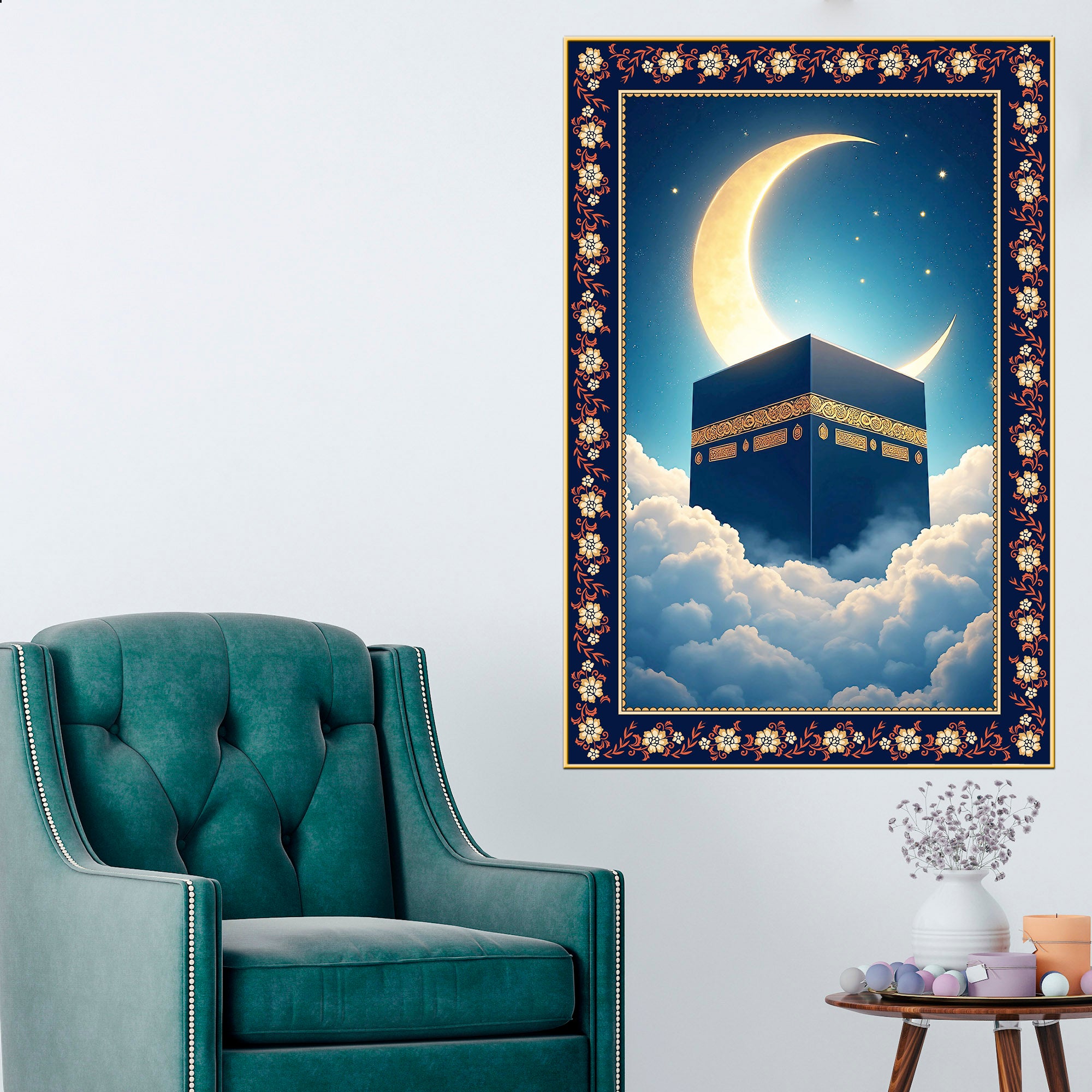 Serene Kaaba Black Cube Floral Border Vertical Wall Painting