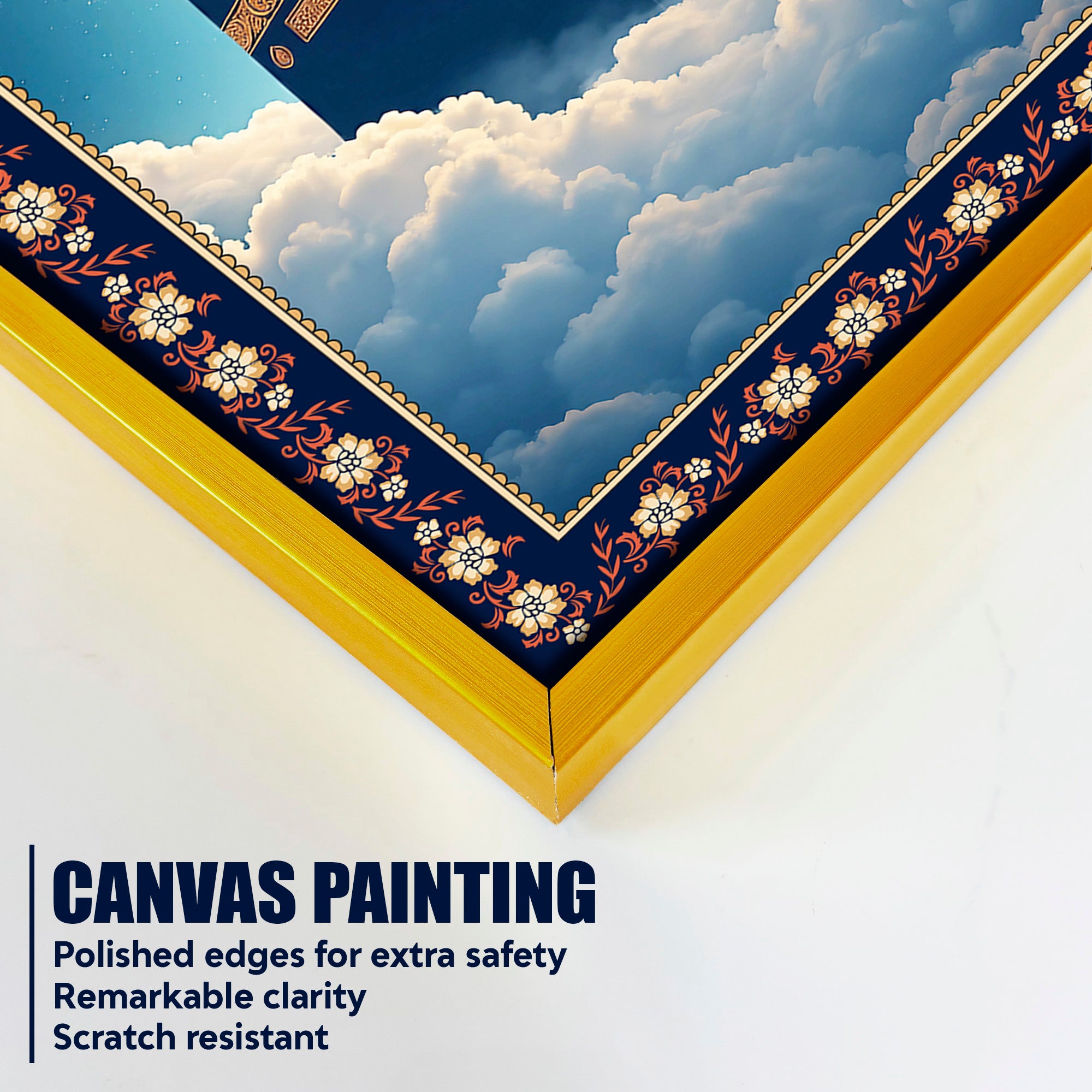 Serene Kaaba Black Cube Floral Border Vertical Wall Painting