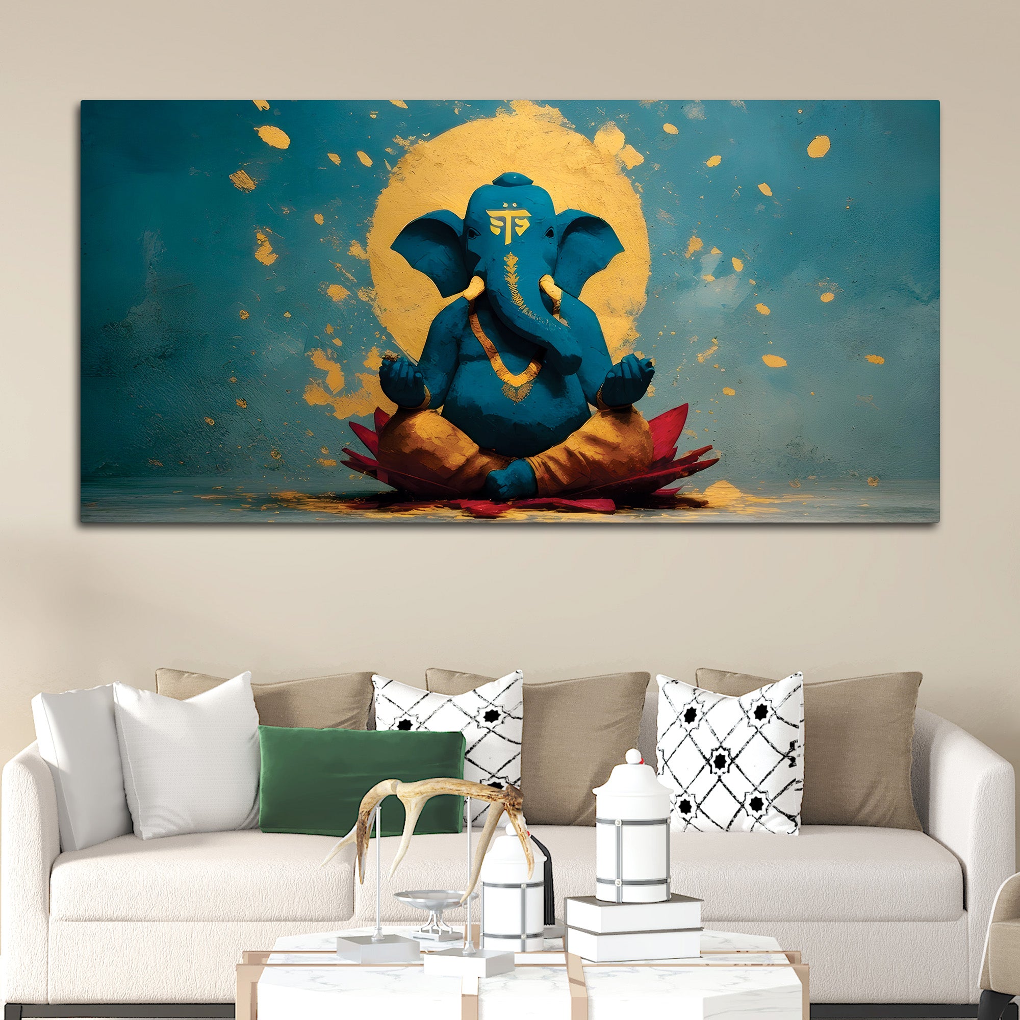 Serene Lord Shri Ganesh Sitted Peacefully in Meditation Creative Canvas Wall Painting for Home & Office Decor – Modern Devotional Wall Art