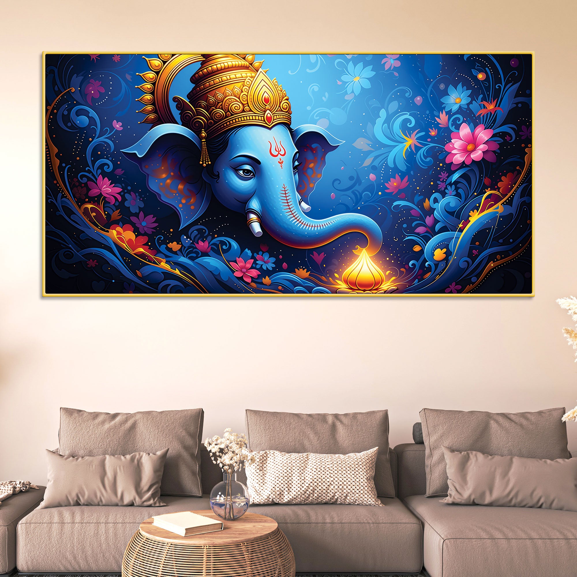 Serene Lord Shri Ganesha Blue Floral Themed Canvas Wall Painting for Home & Office – Luxury Spiritual Decor