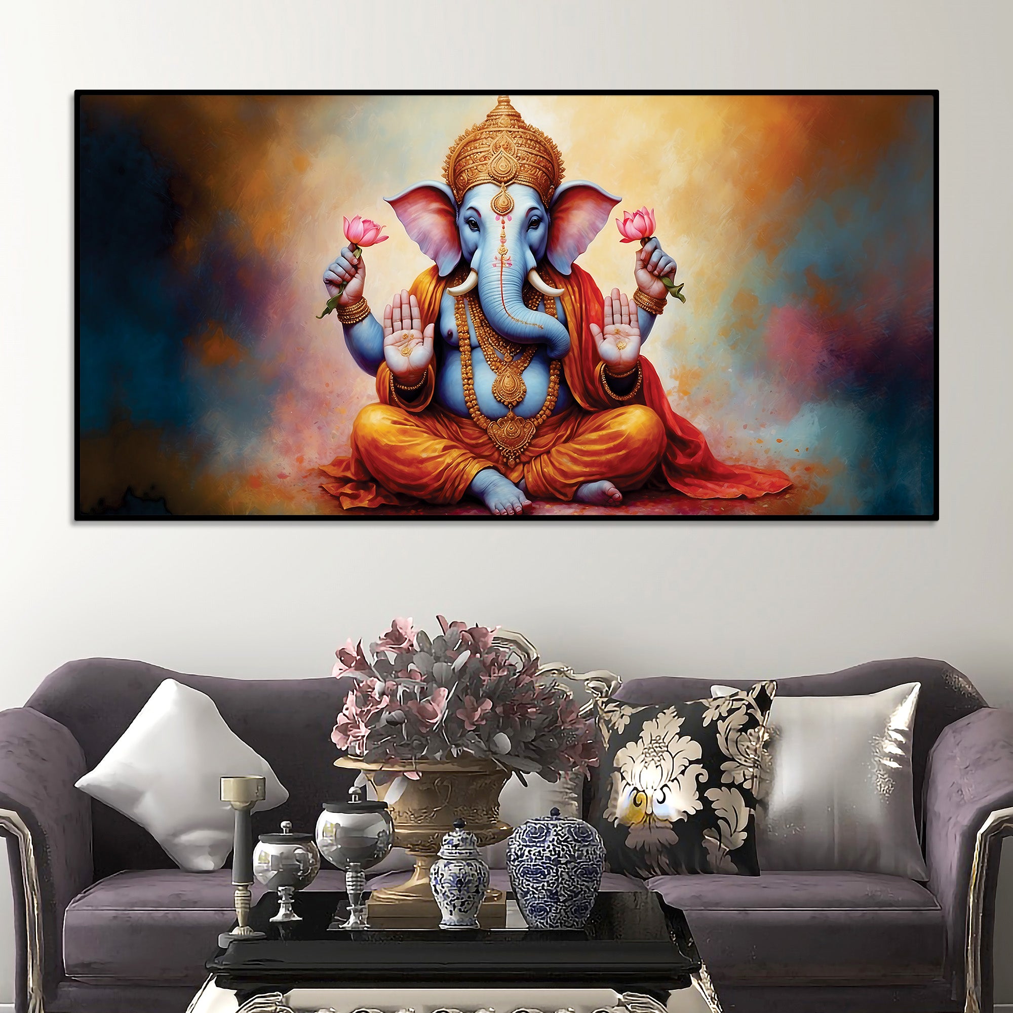 Serene Lord Shri Ganesha Giving Blessings Portrait Wall Painting for Home Interior – Modern Devotional Canvas Wall Art for Home