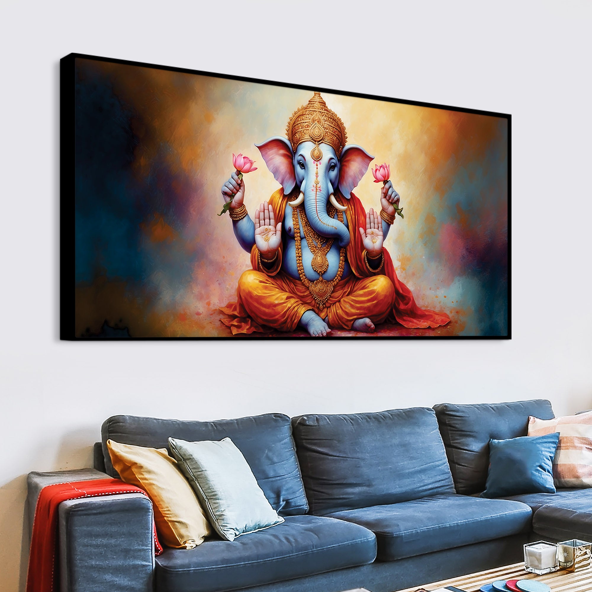 Serene Lord Shri Ganesha Giving Blessings Portrait Wall Painting for Home Interior – Modern Devotional Canvas Wall Art for Home