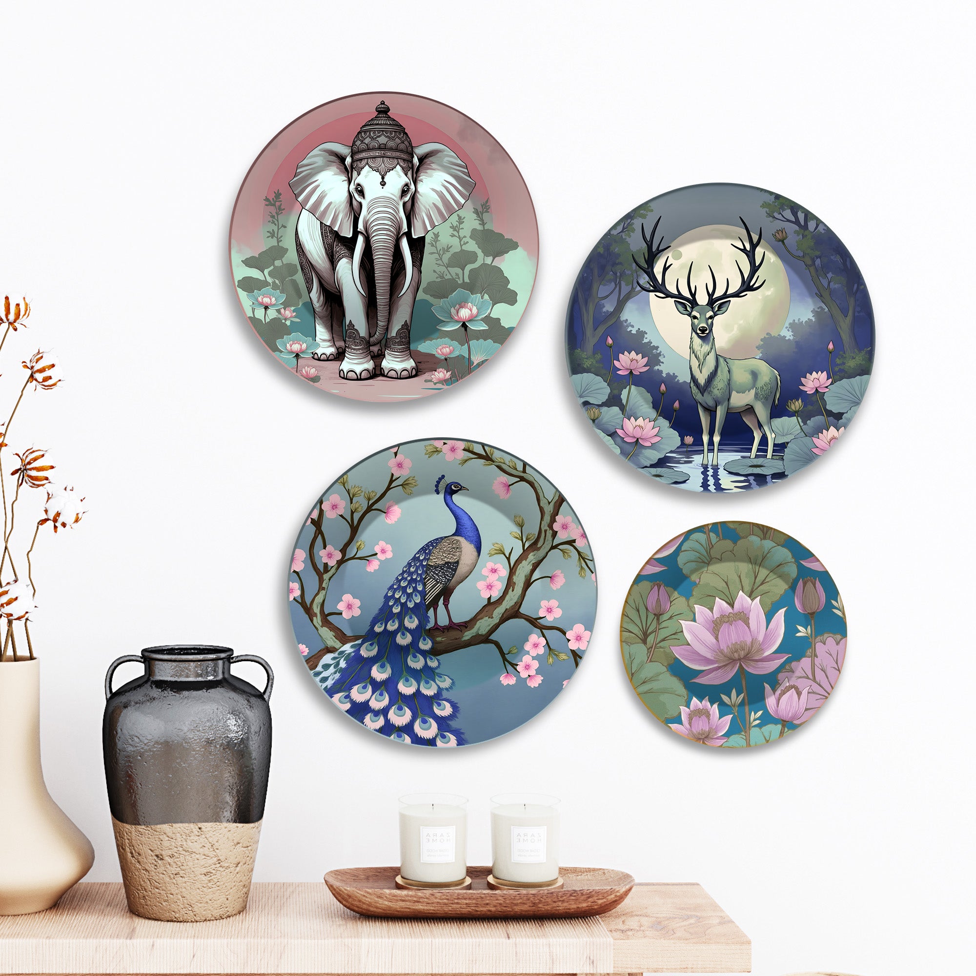 Serene Safari Artistic Wildlife Premium Wall Plates Painting Set of Four