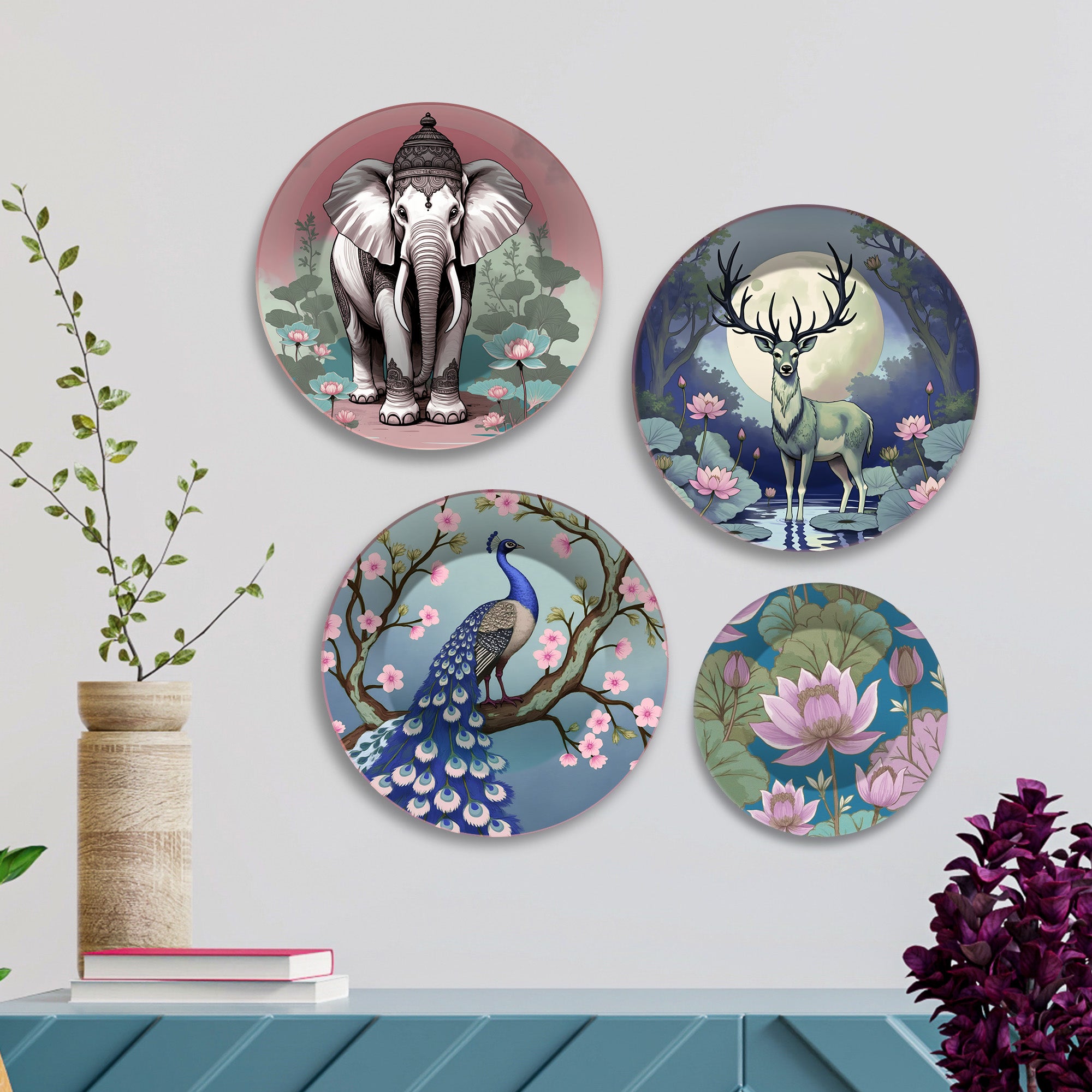 Serene Safari Artistic Wildlife Premium Wall Plates Painting Set of Four