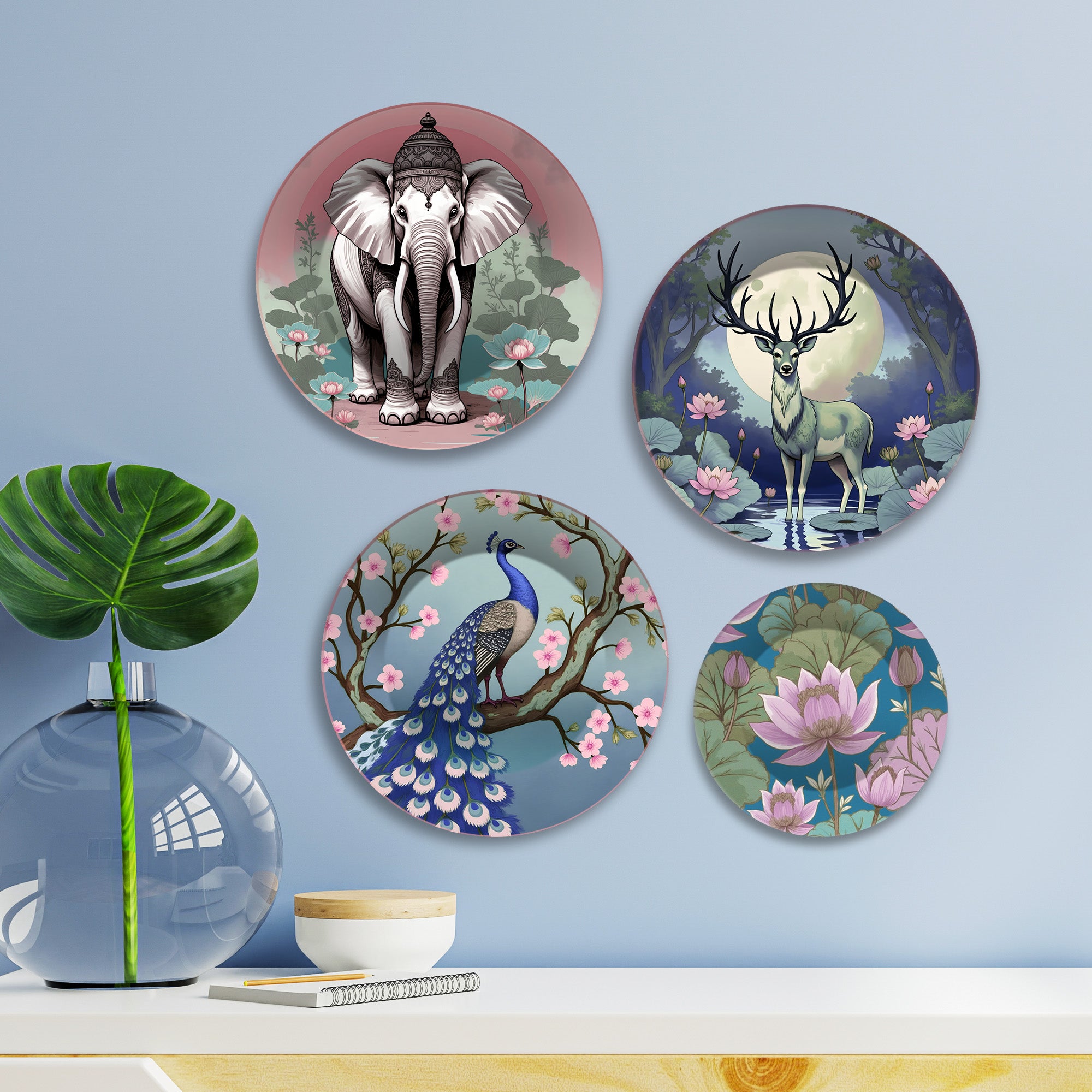 Serene Safari Artistic Wildlife Premium Wall Plates Painting Set of Four