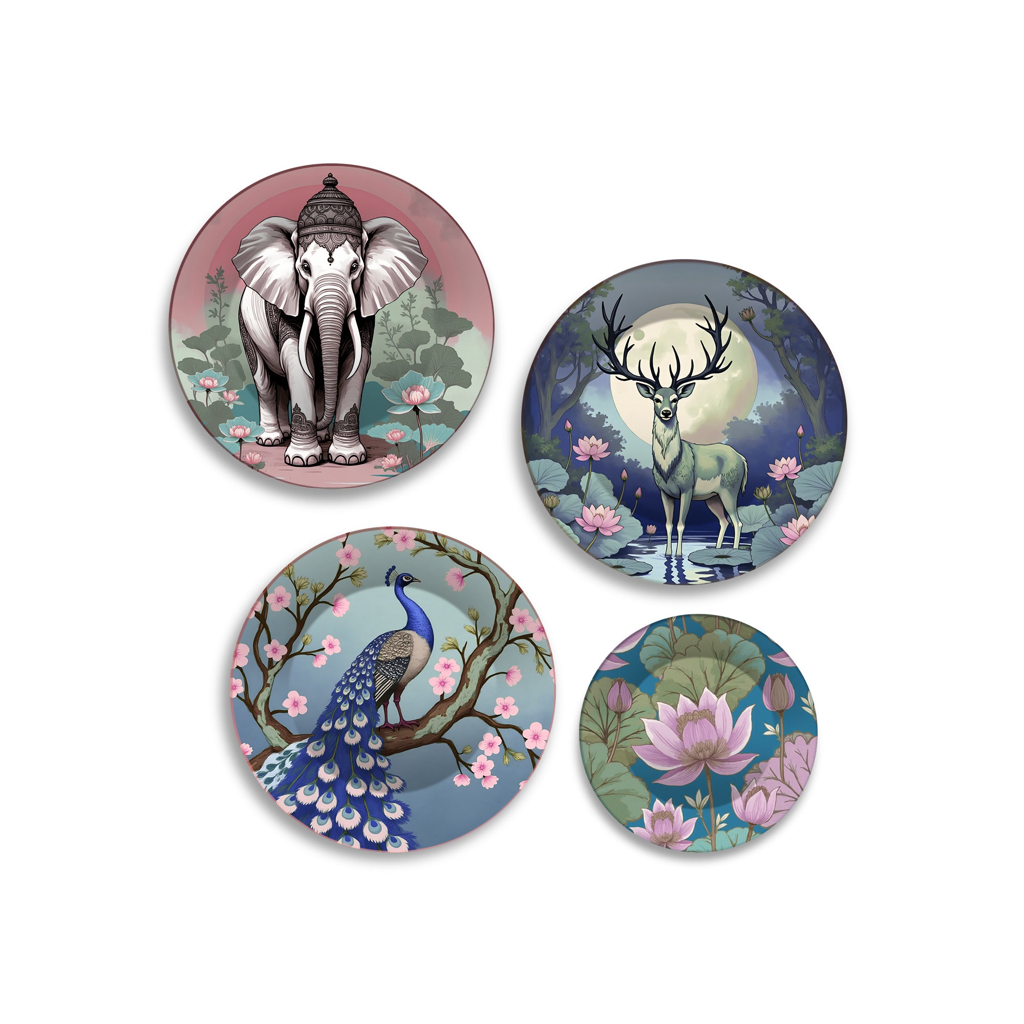 Serene Safari Artistic Wildlife Premium Wall Plates Painting Set of Four