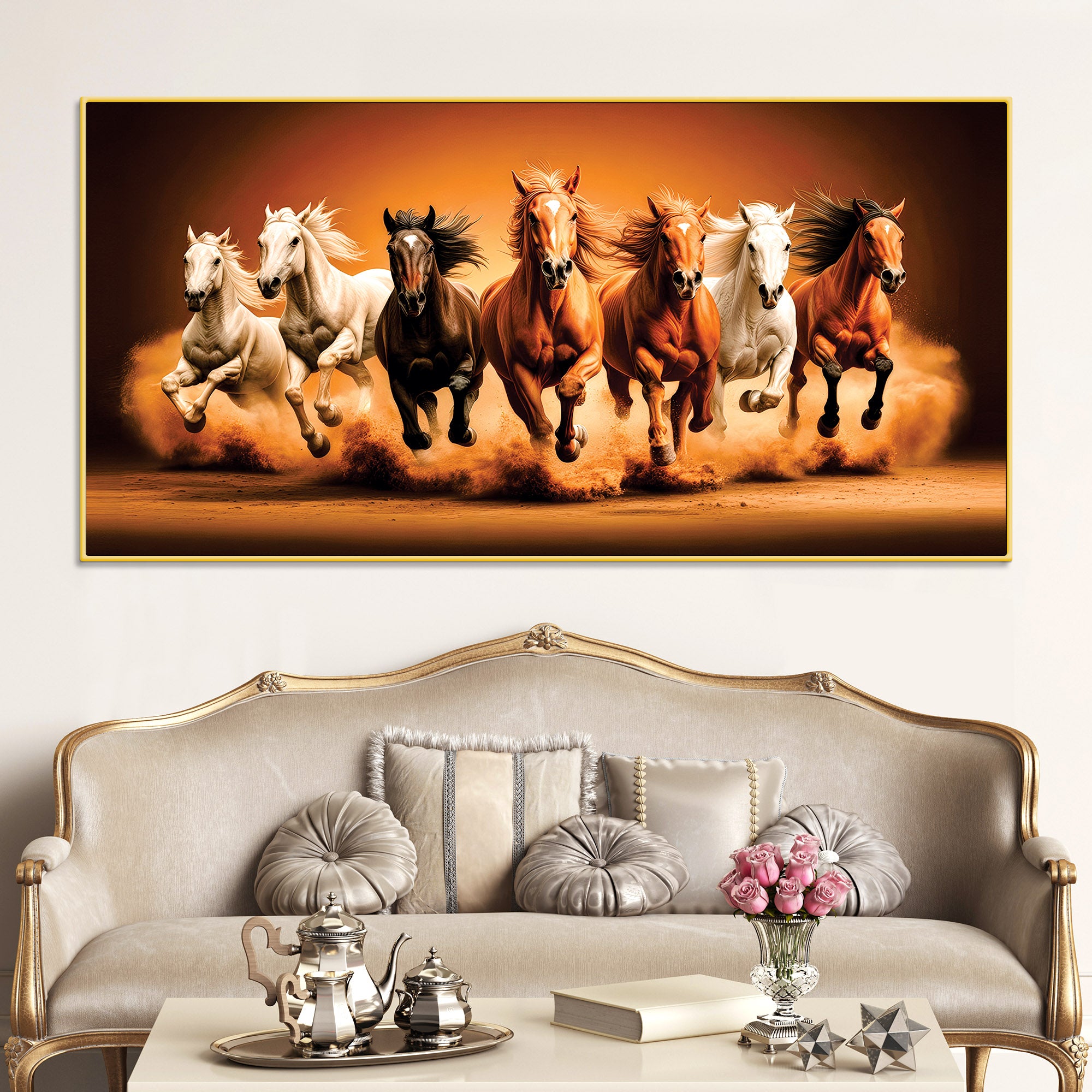 Seven Furious Horses Running at Dawn Canvas Wall Painting