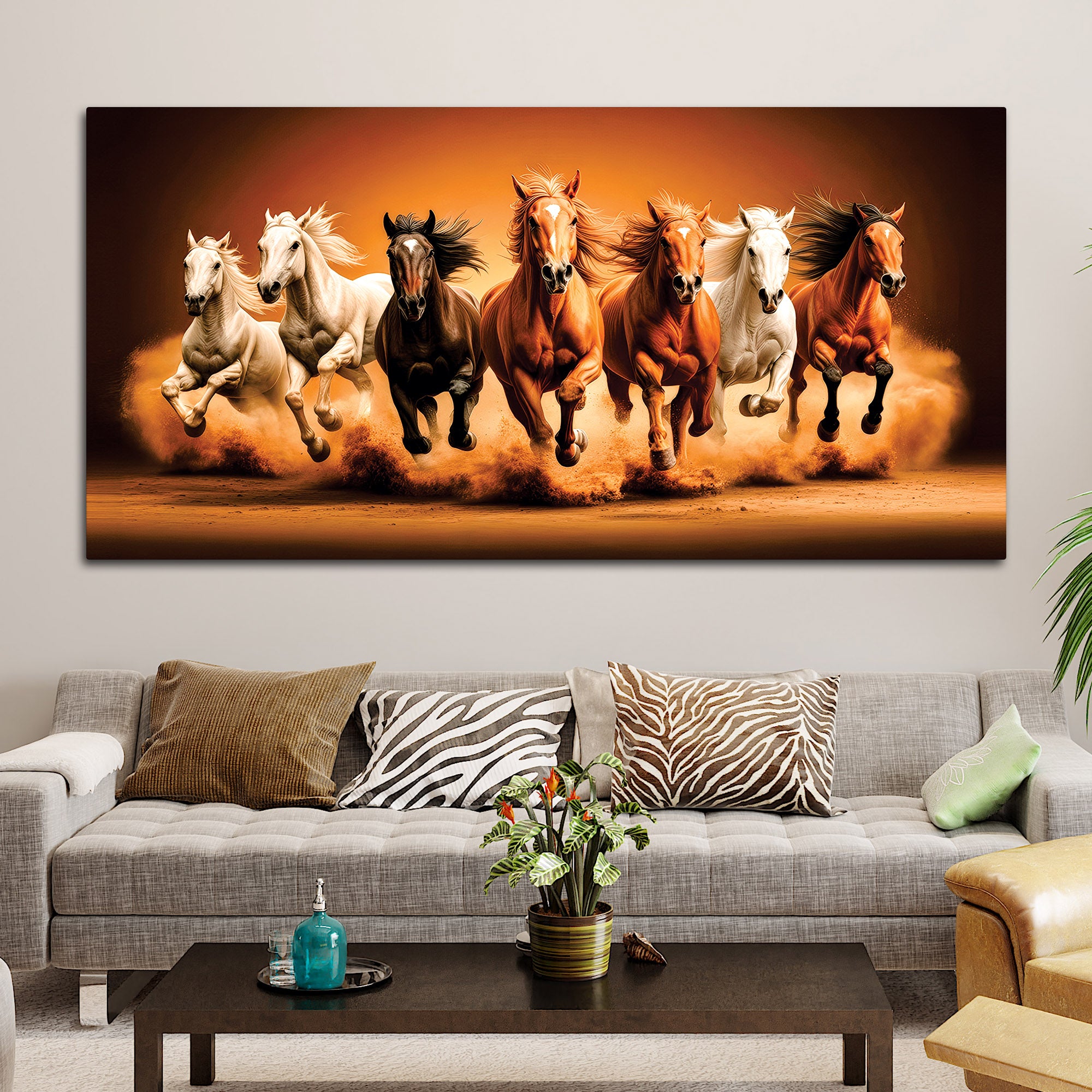 Seven Furious Horses Running at Dawn Canvas Wall Painting