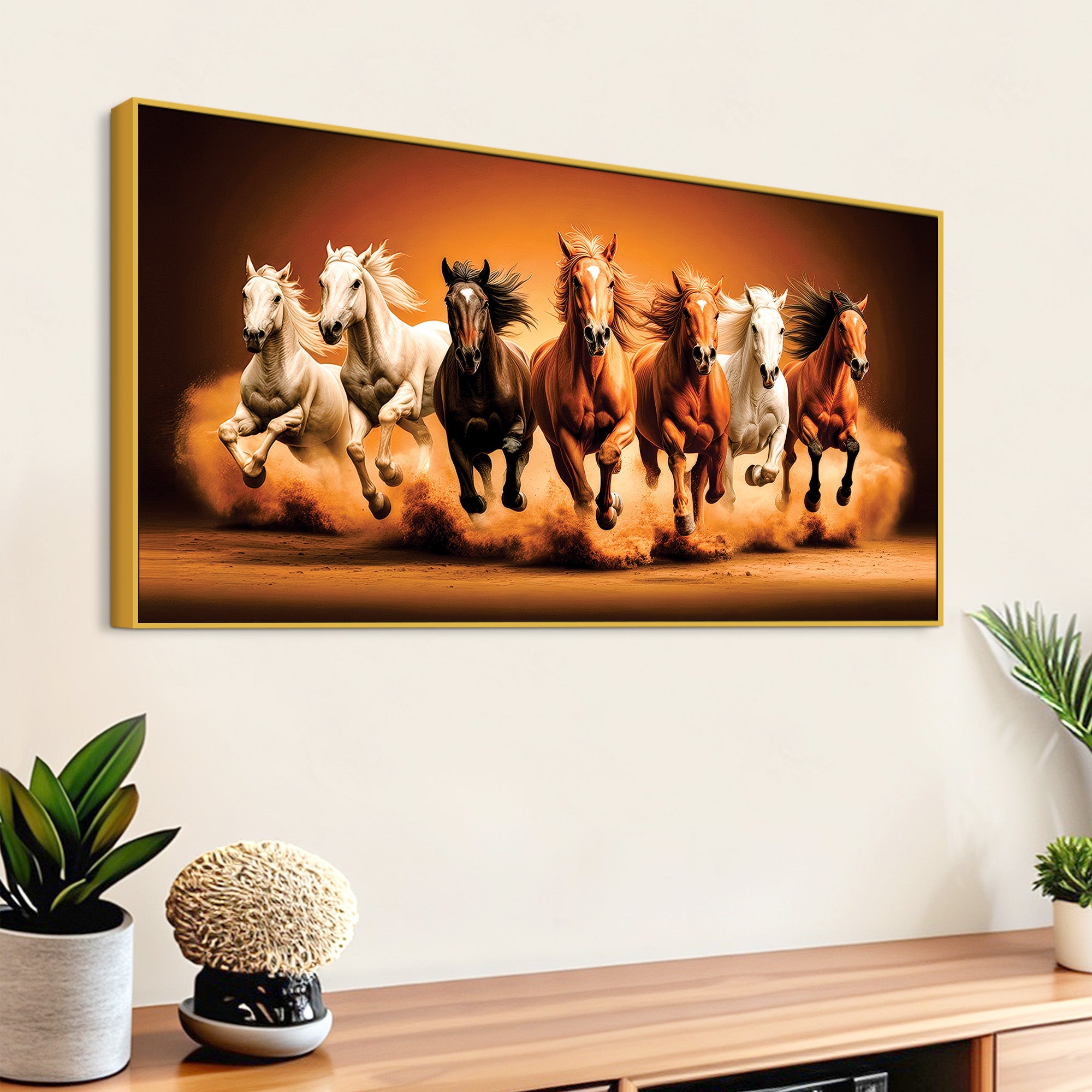 Seven Furious Horses Running at Dawn Canvas Wall Painting