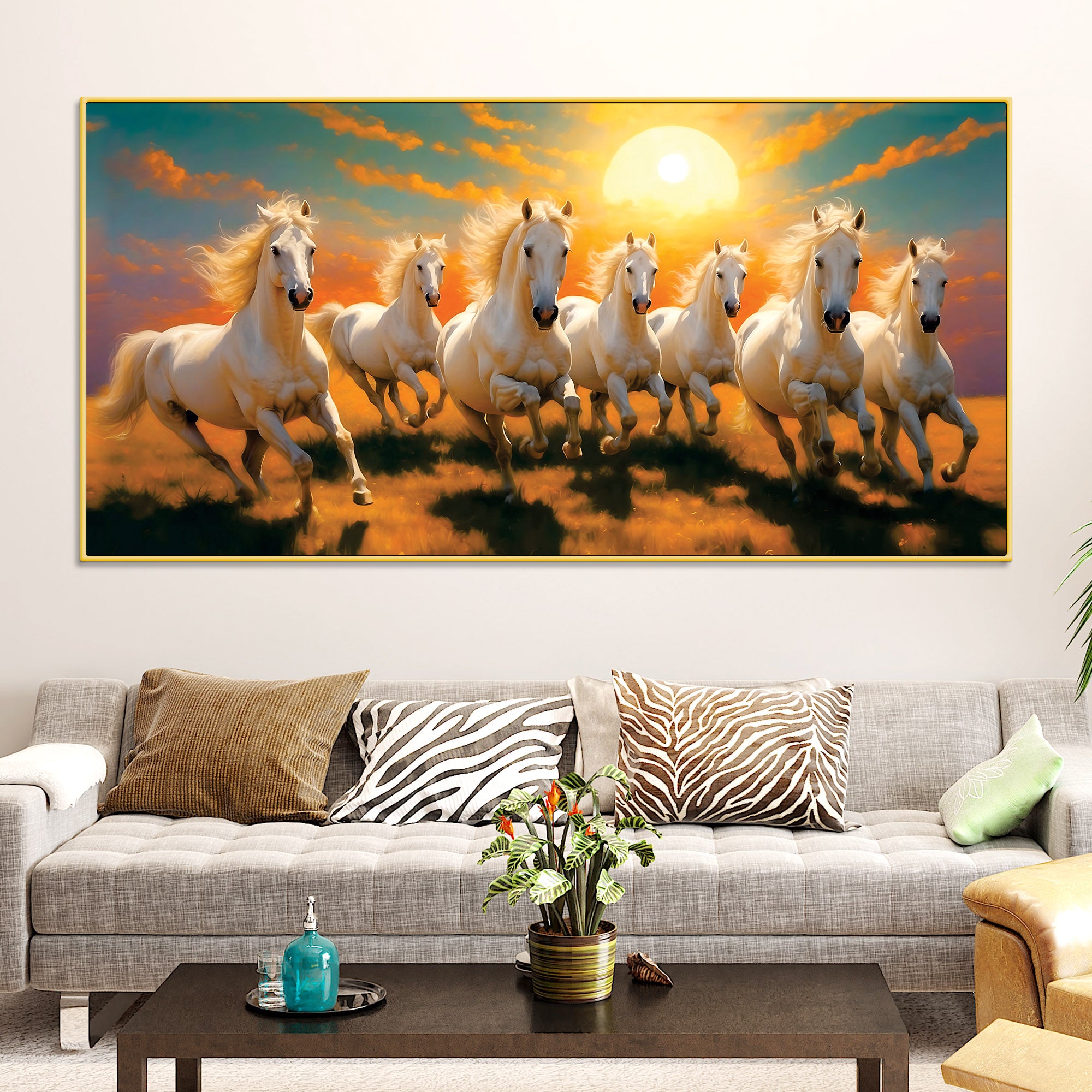 Seven Horses Running at Dawn Premium Canvas Wall Painting