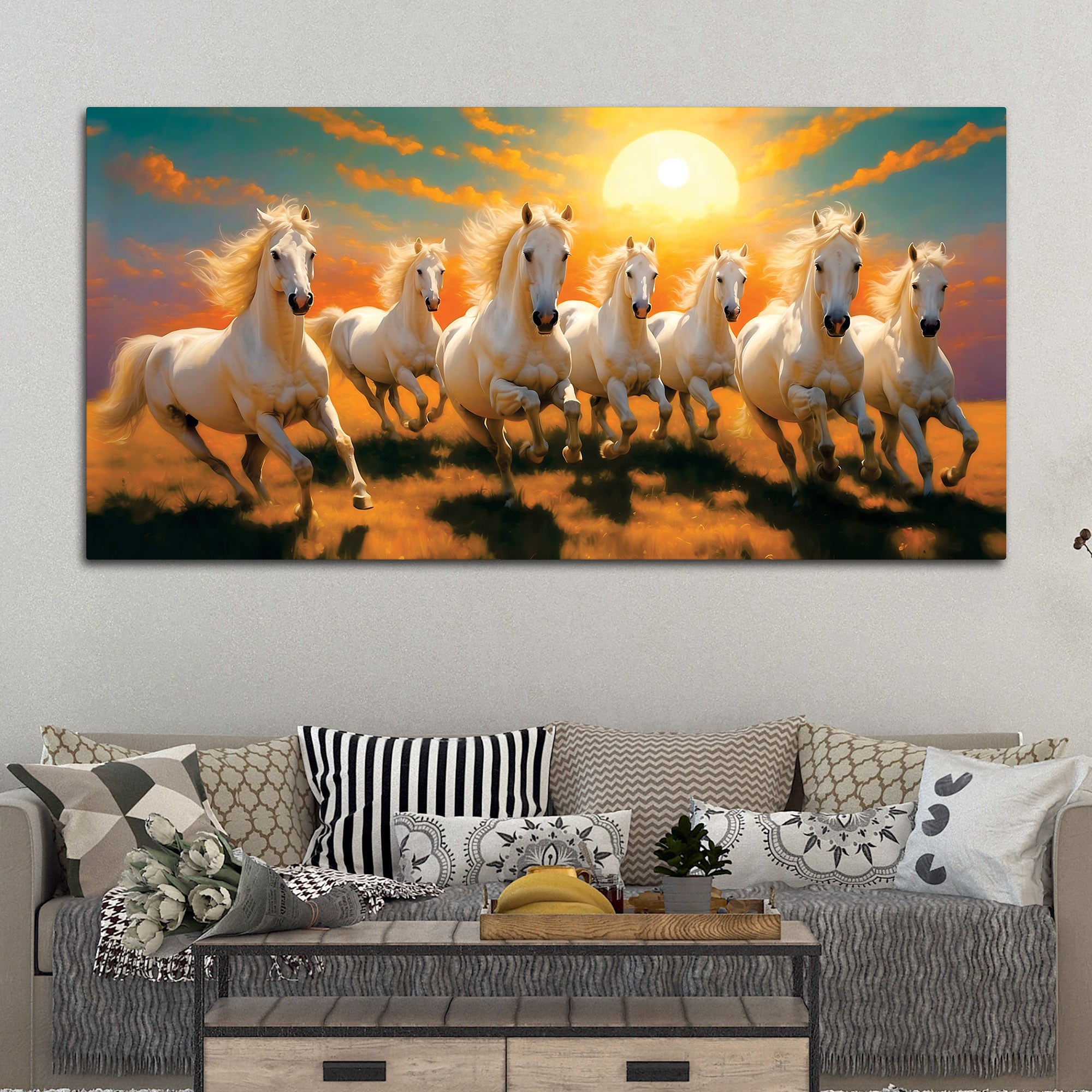 Seven Horses Running at Dawn Premium Canvas Wall Painting