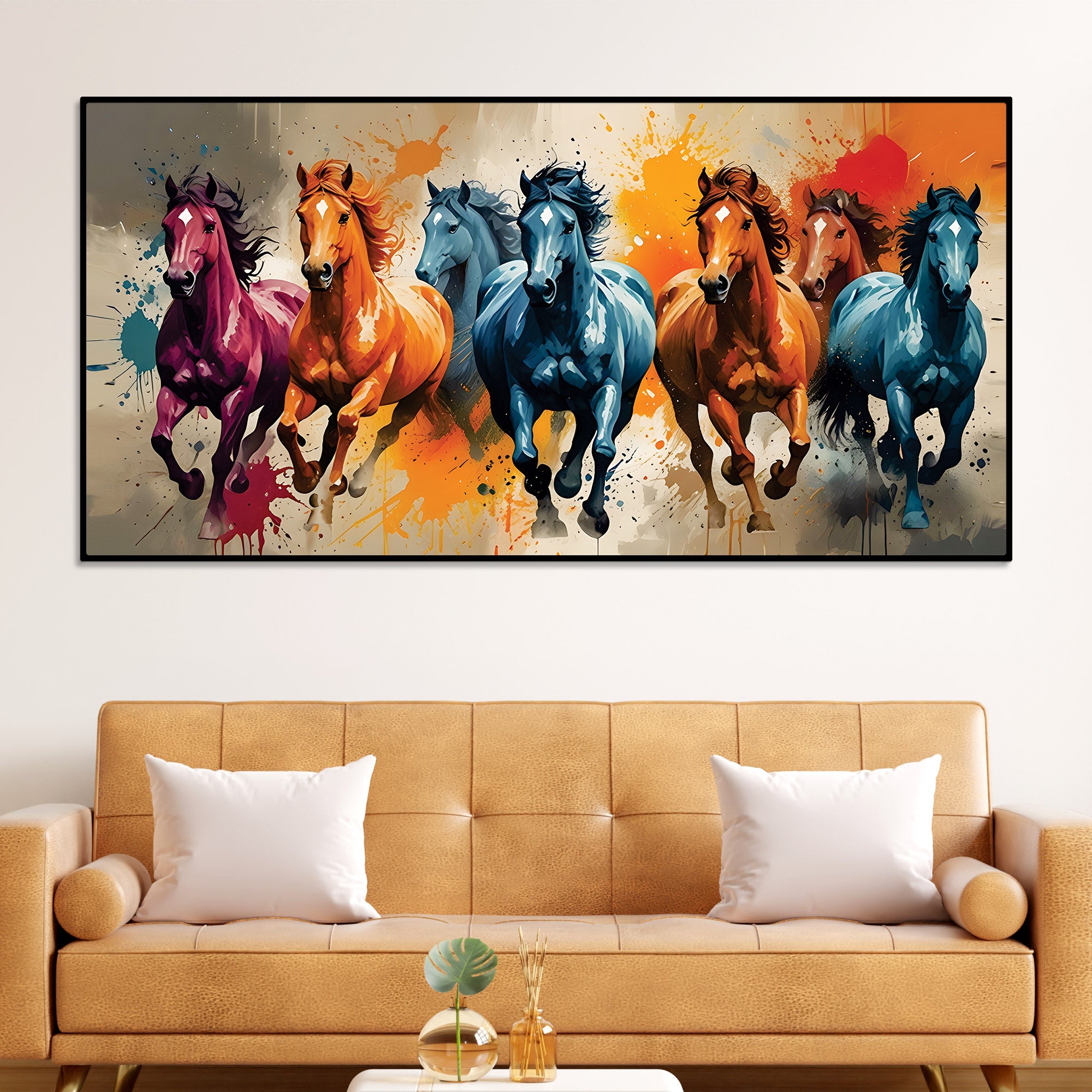 Seven Horses Running colorful Watercolor Art Canvas Wall Painting
