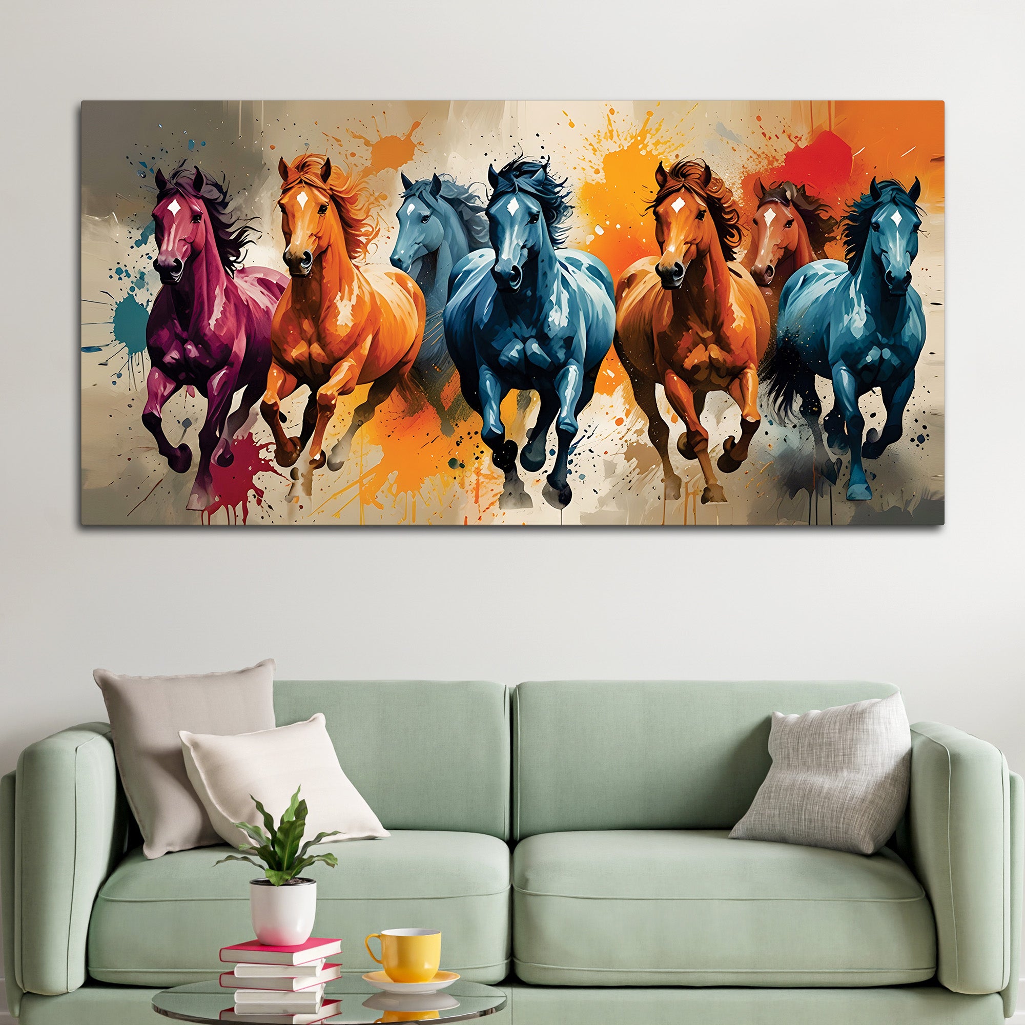 Seven Horses Running colorful Watercolor Art Canvas Wall Painting