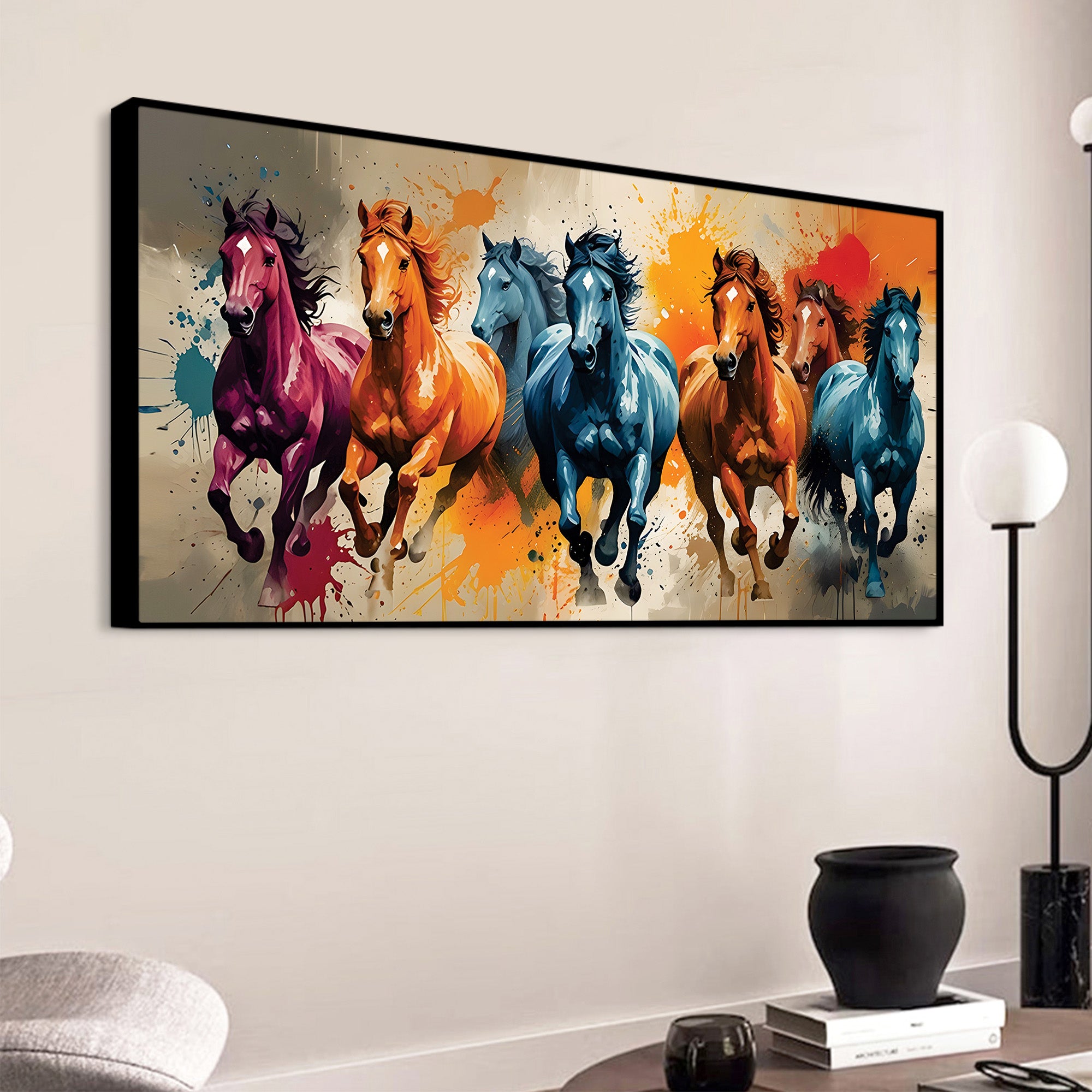 Seven Horses Running colorful Watercolor Art Canvas Wall Painting