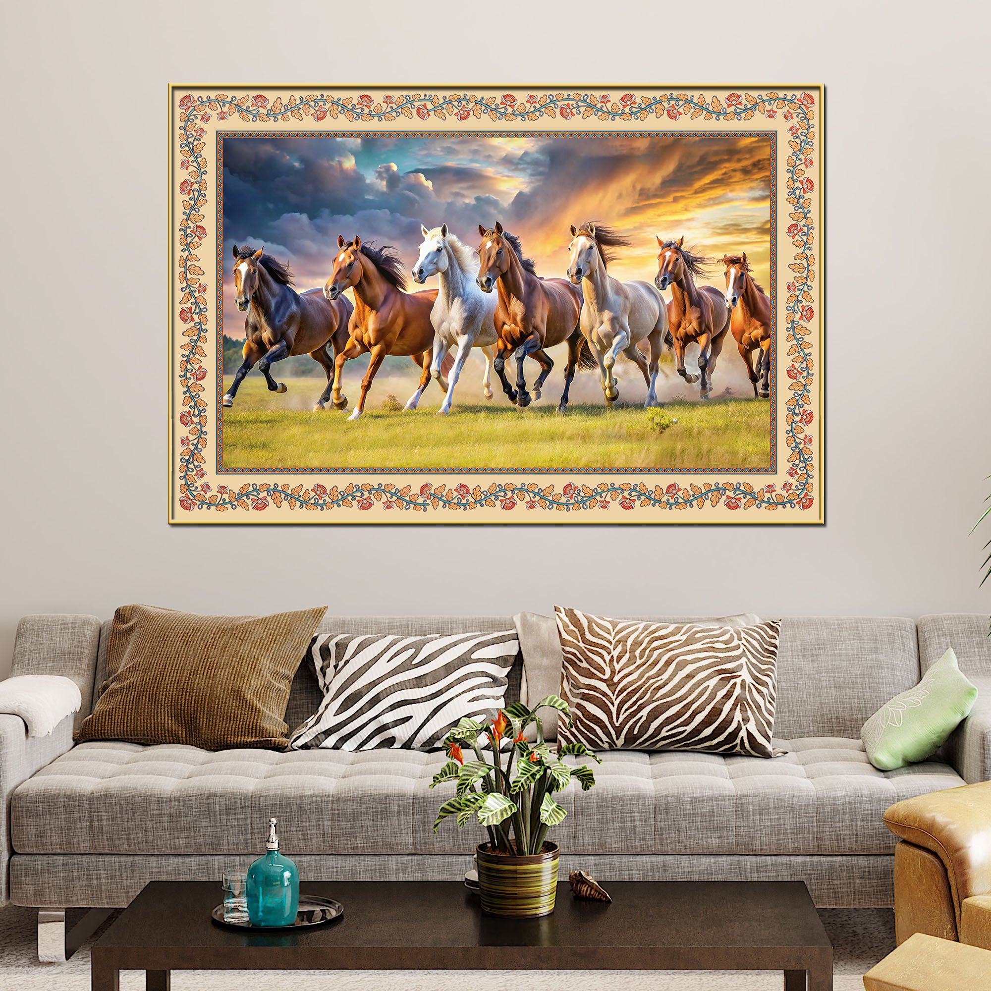 Seven Horses Running Floral Border Canvas Wall Painting
