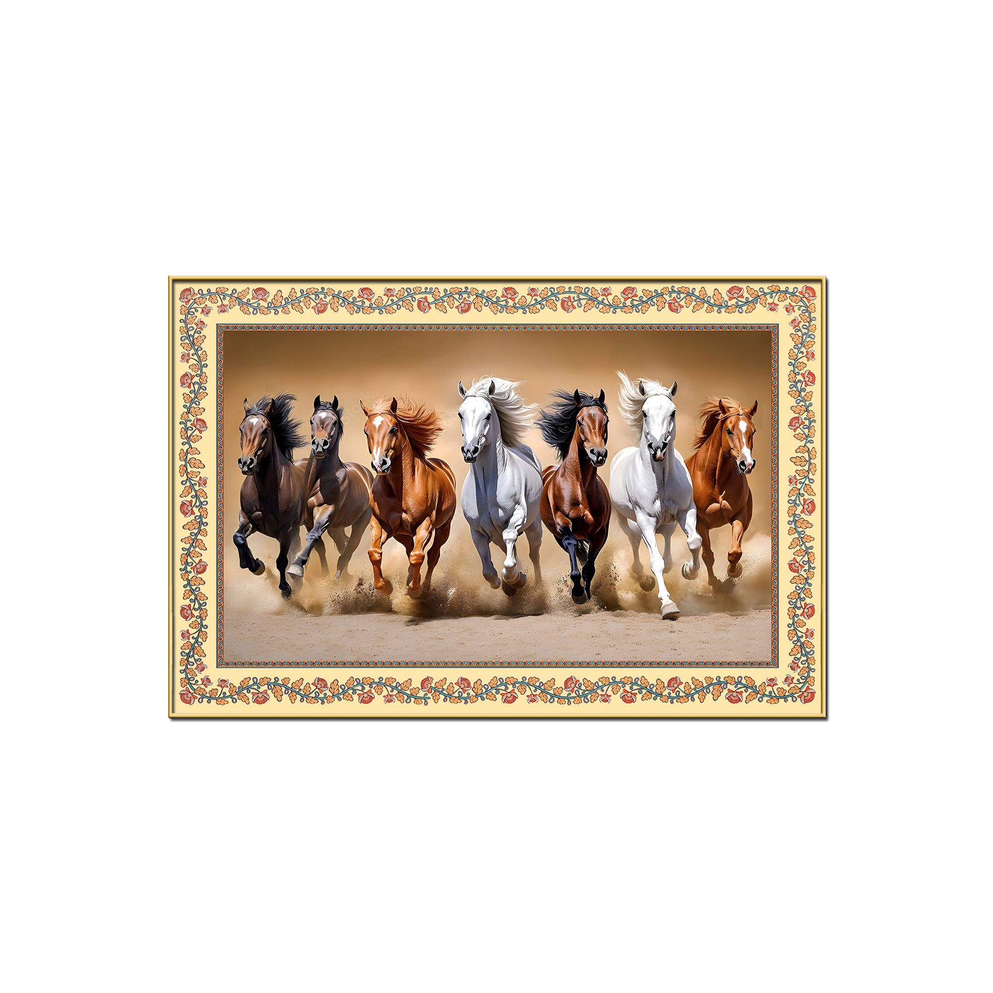 Seven Horses Running in Desert Floral Border Canvas Wall Painting