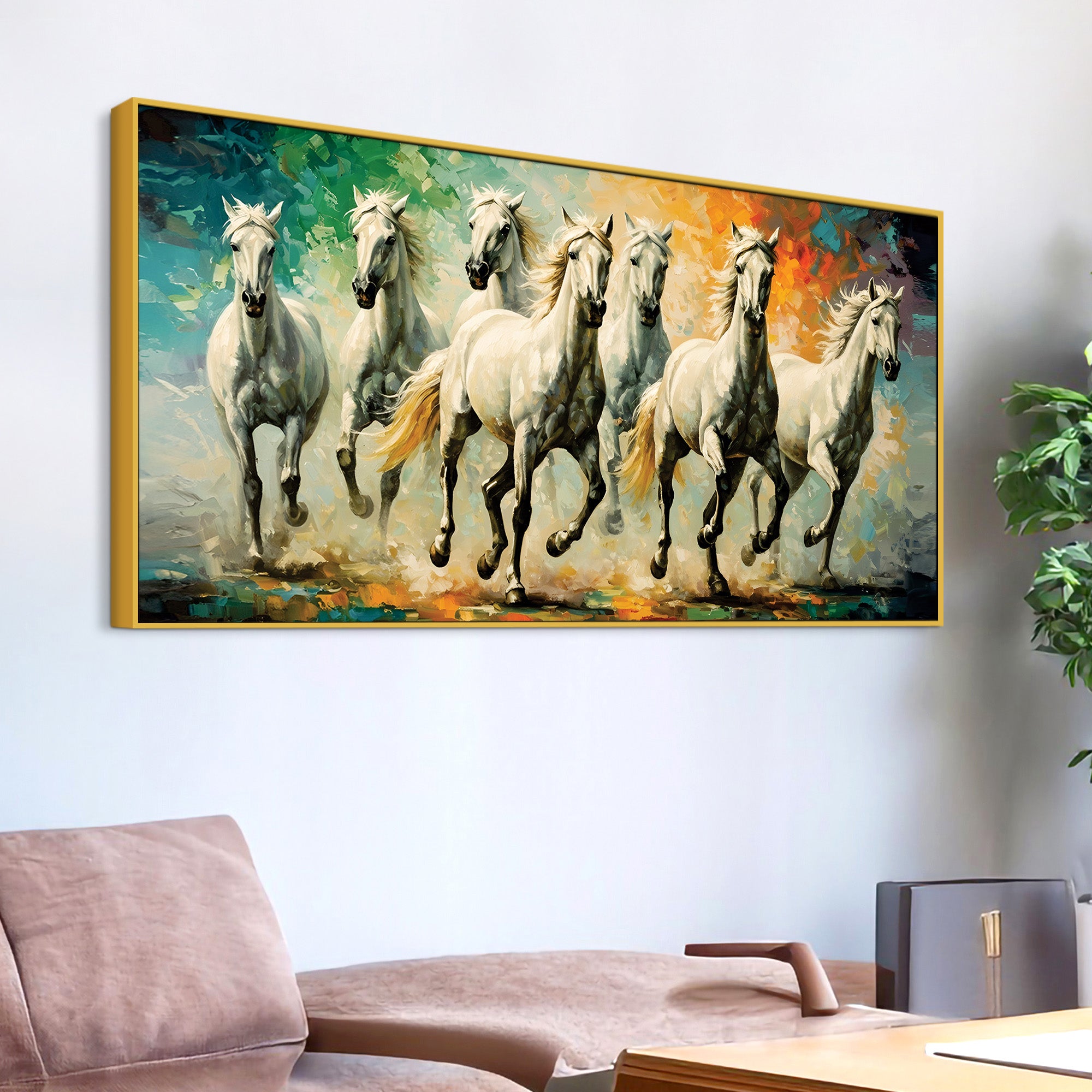 Seven Horses Running Watercolor Art Premium Canvas Wall Painting