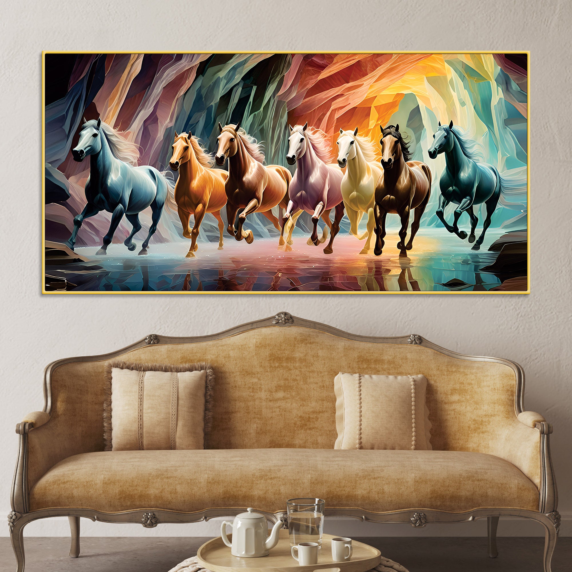 Seven Luminescent Horses Galloping Premium Wall Painting