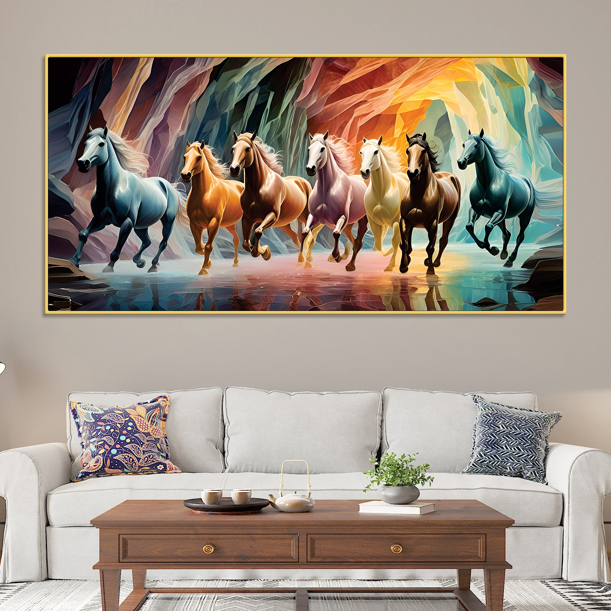 Seven Luminescent Horses Galloping Premium Wall Painting