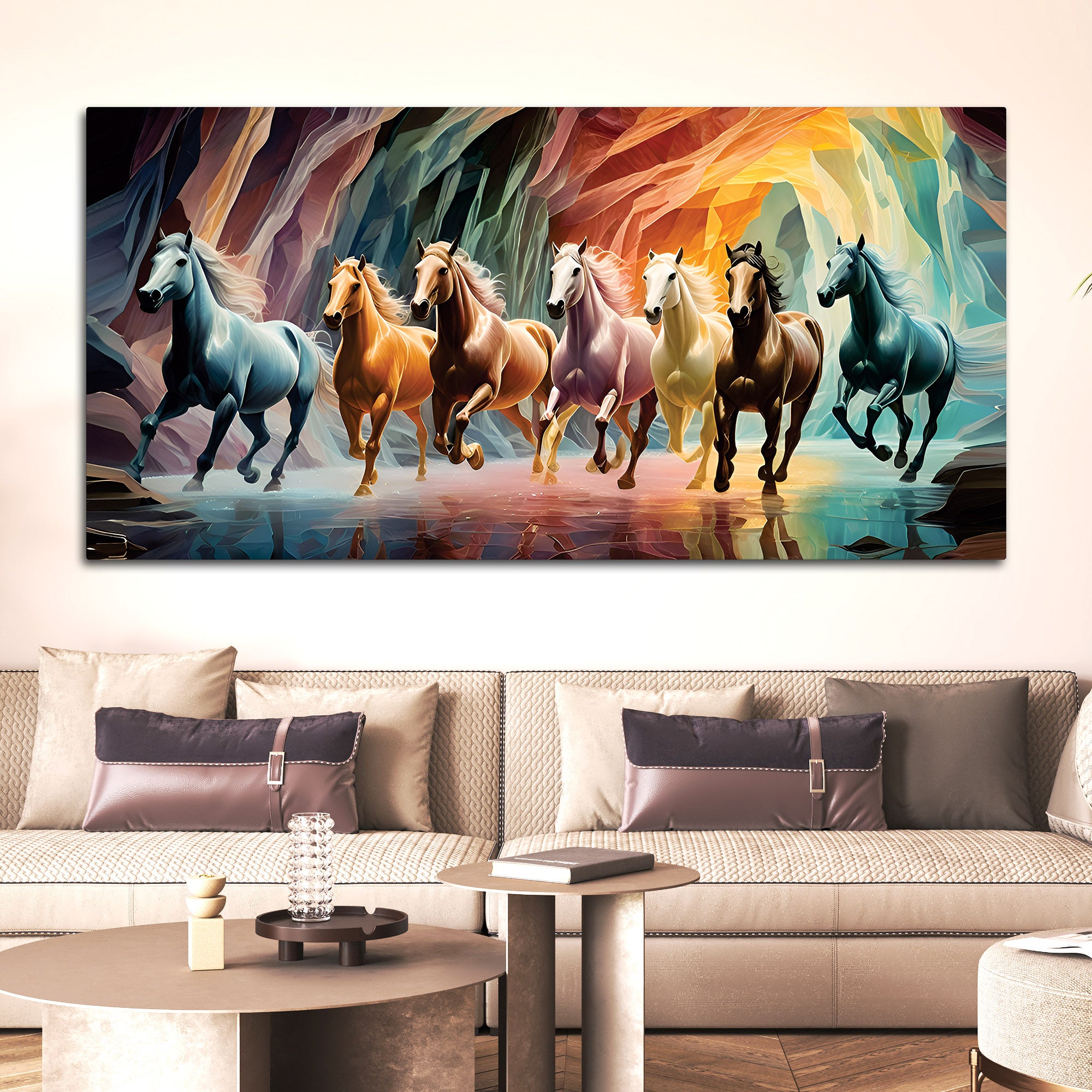 Seven Luminescent Horses Galloping Premium Wall Painting