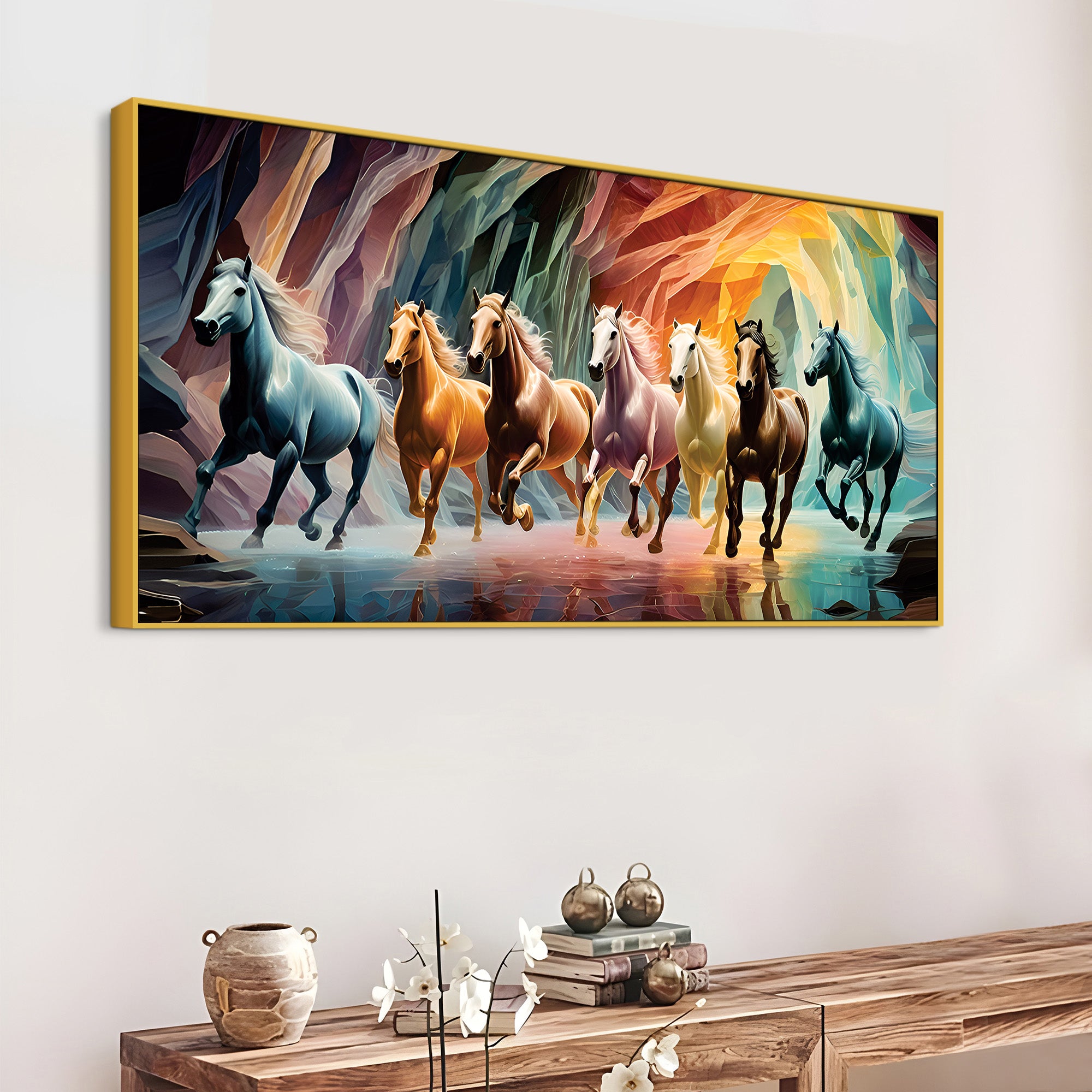 Seven Luminescent Horses Galloping Premium Wall Painting