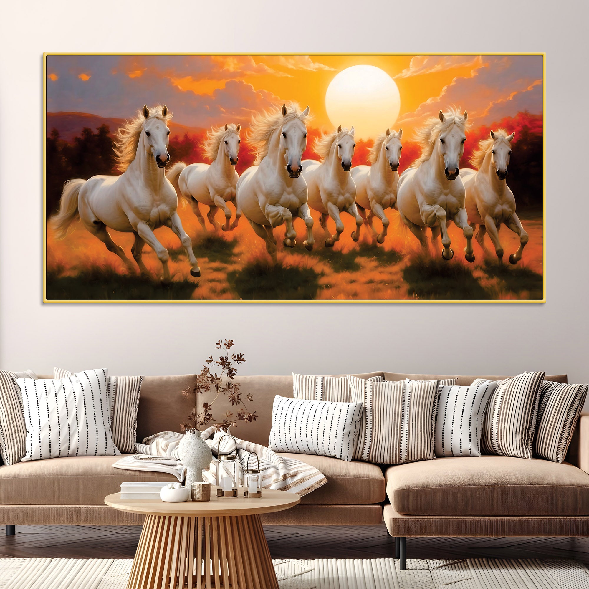 Seven Running Horses at Dawn Premium Wall Painting
