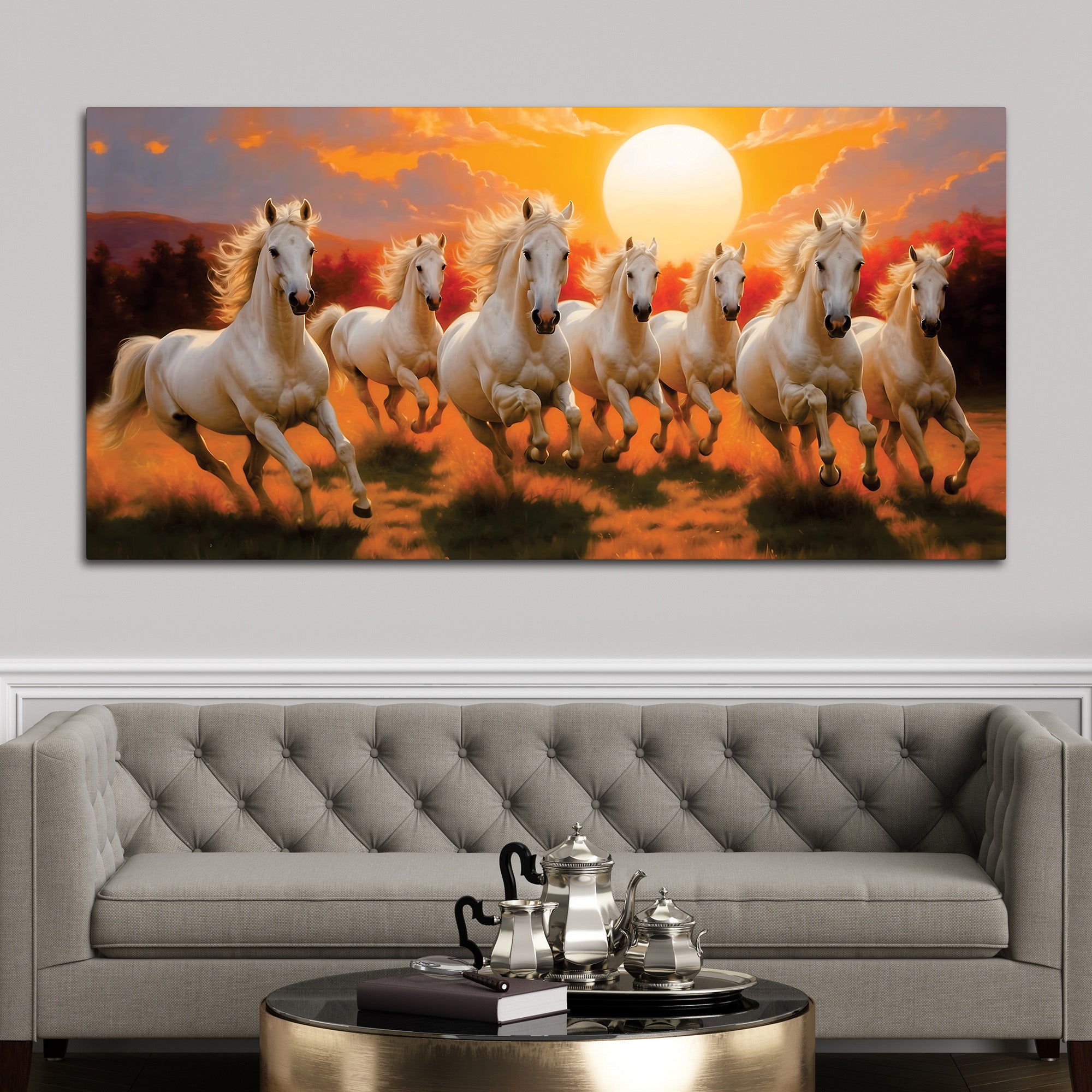 Seven Running Horses at Dawn Premium Wall Painting