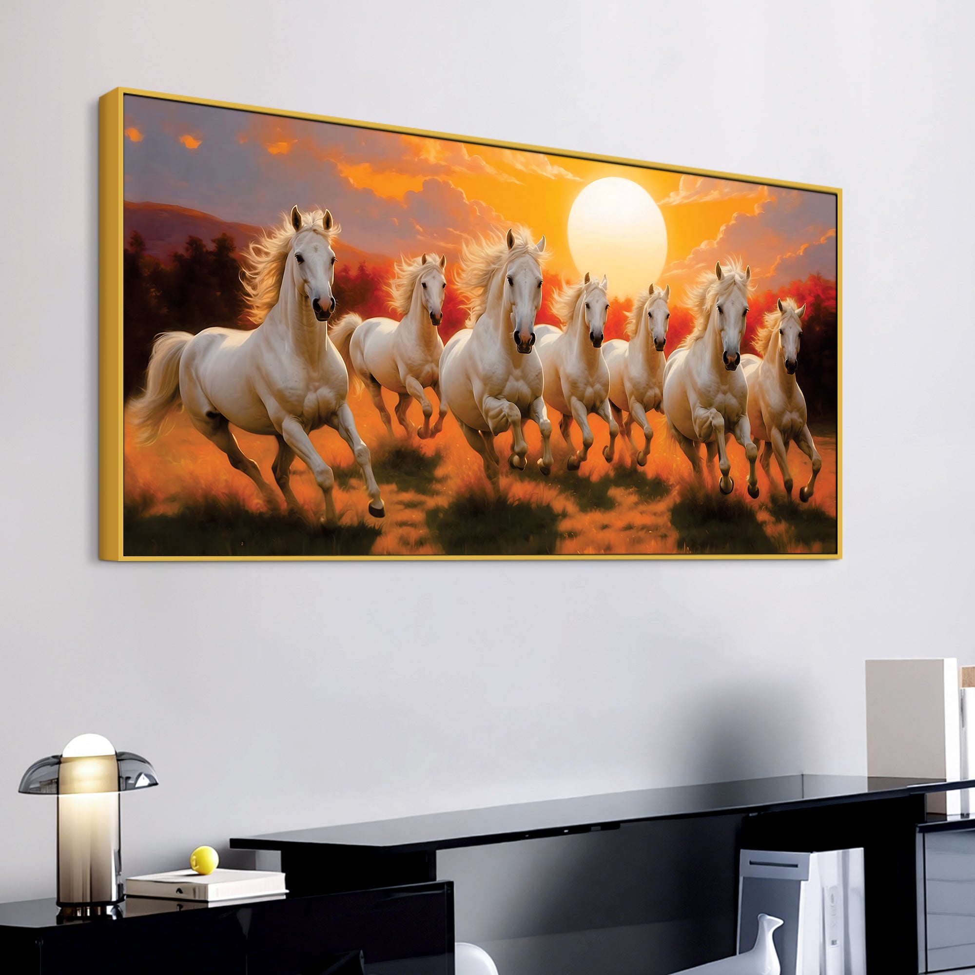 Seven Running Horses at Dawn Premium Wall Painting