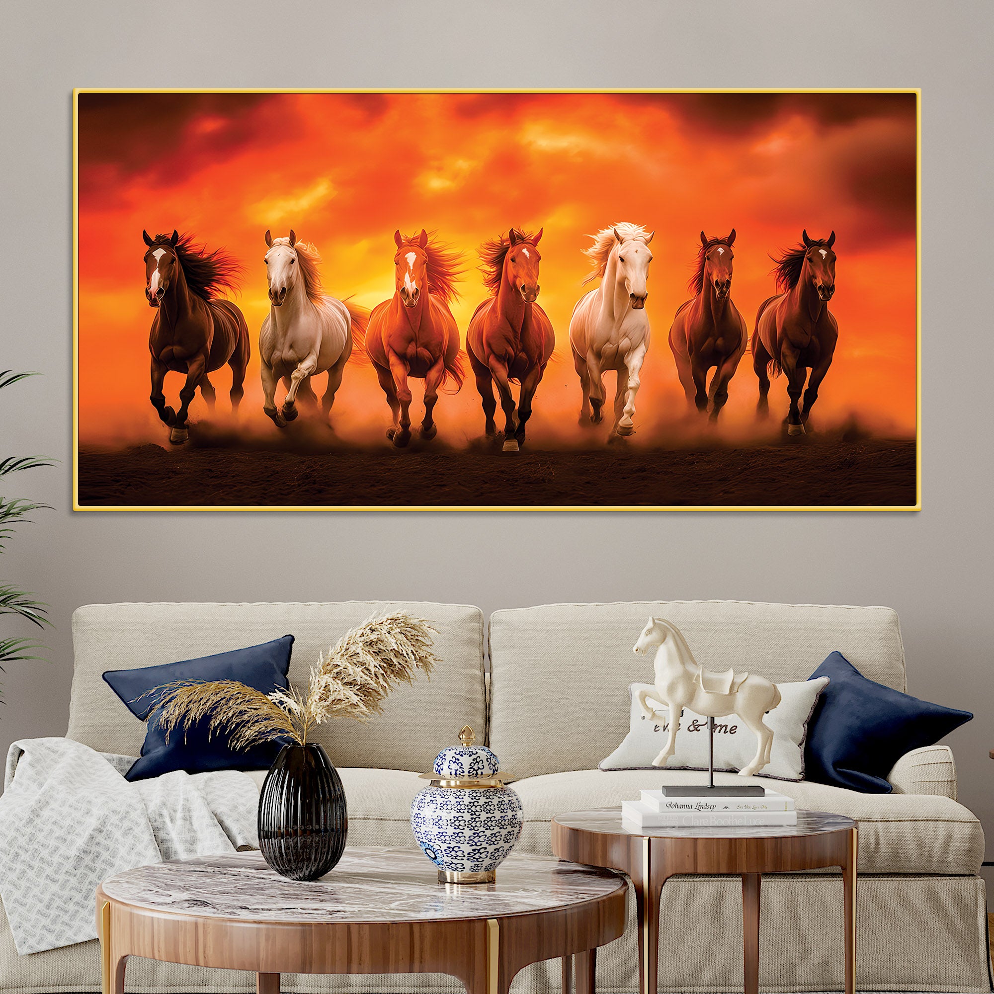 Seven Running Horses at Glowing Sunset Canvas Wall Painting