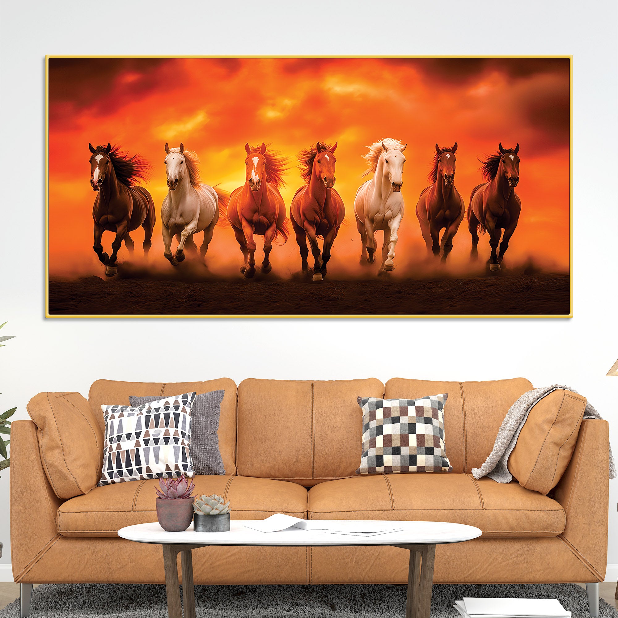 Seven Running Horses at Glowing Sunset Canvas Wall Painting