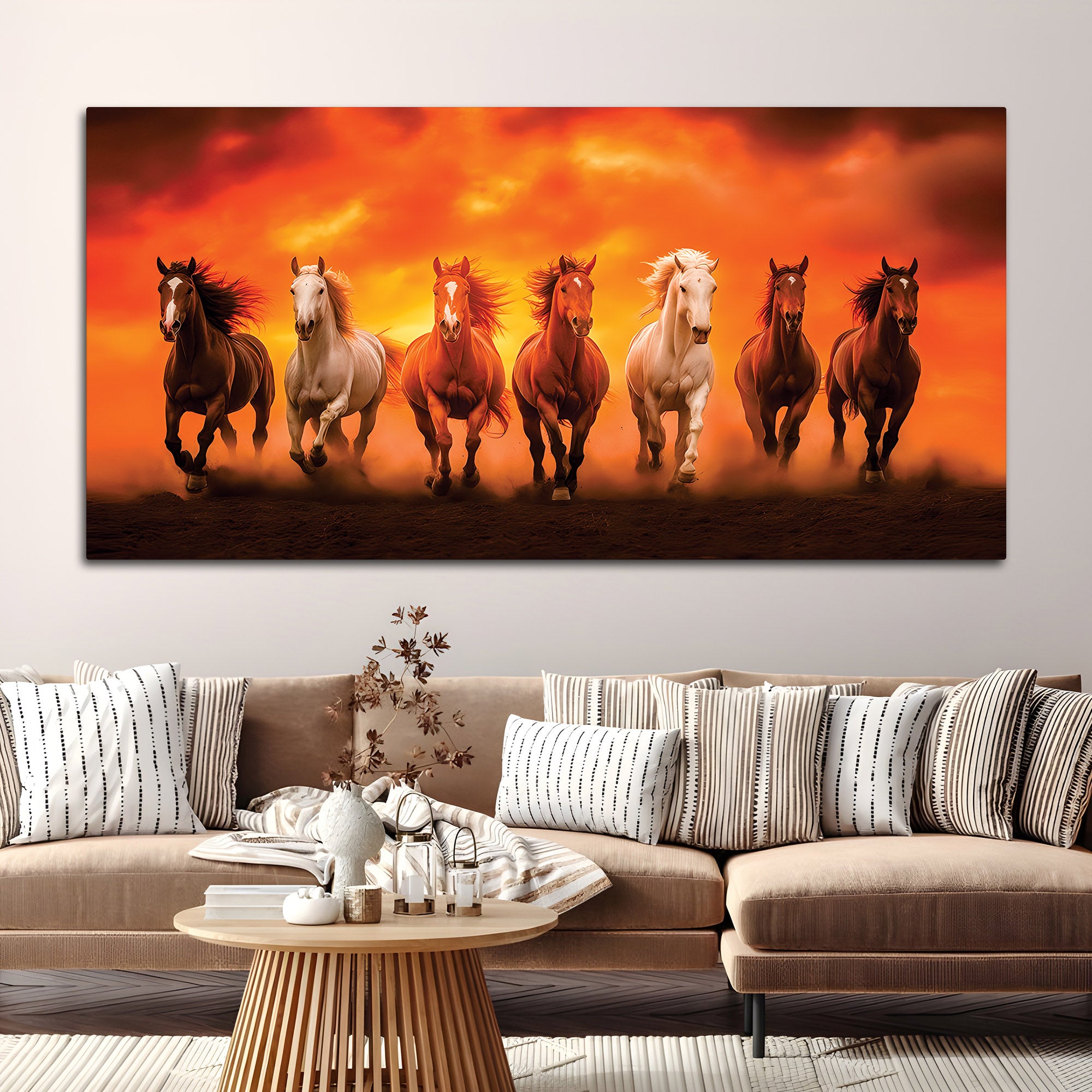 Seven Running Horses at Glowing Sunset Canvas Wall Painting