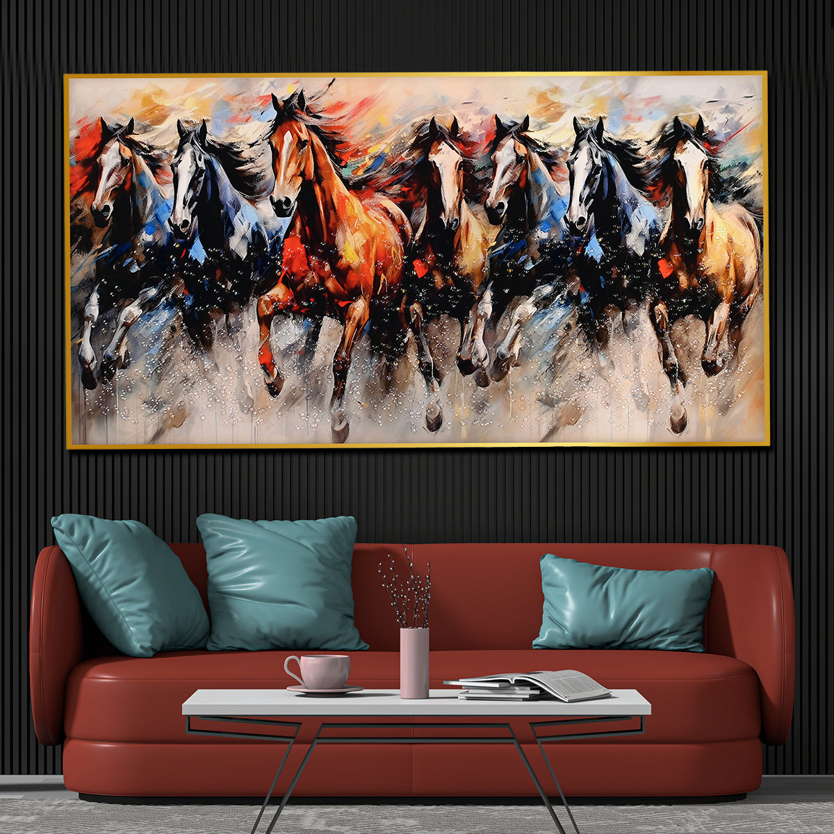 Seven Running Horses in Morning Framed Crystal Glass Painting