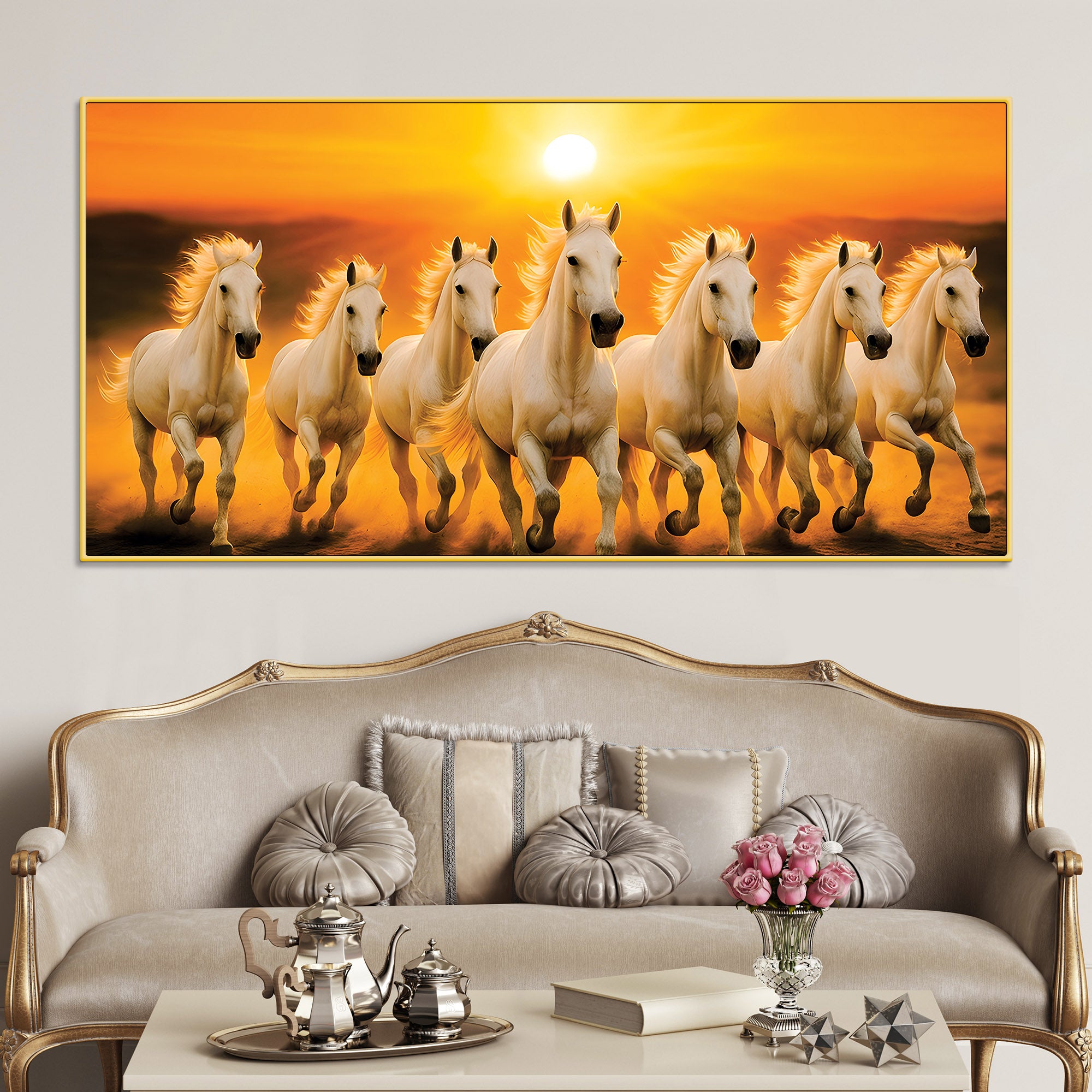 Seven White Horses Galloping at Sunrise Premium Wall Painting