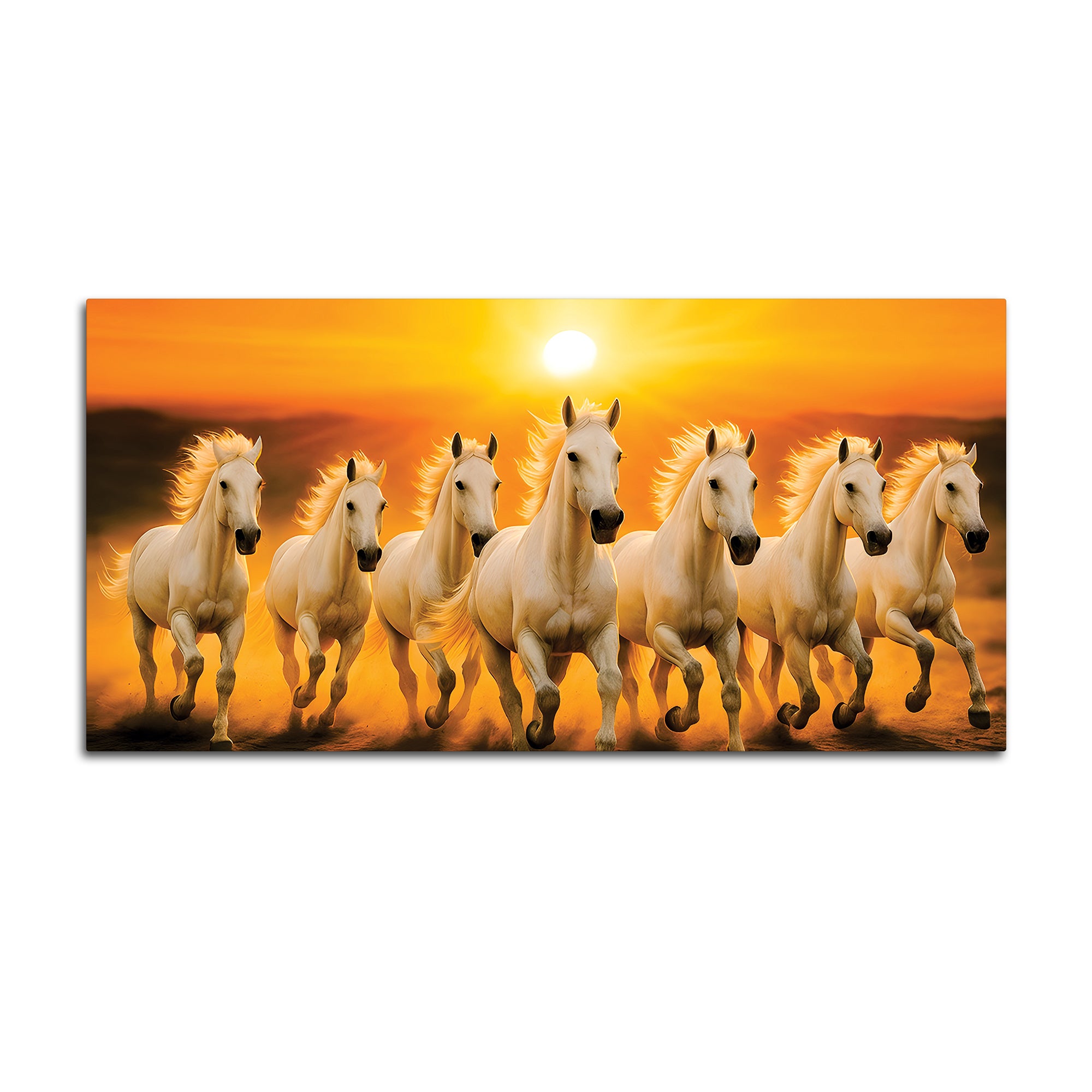 Seven White Horses Galloping at Sunrise Premium Wall Painting