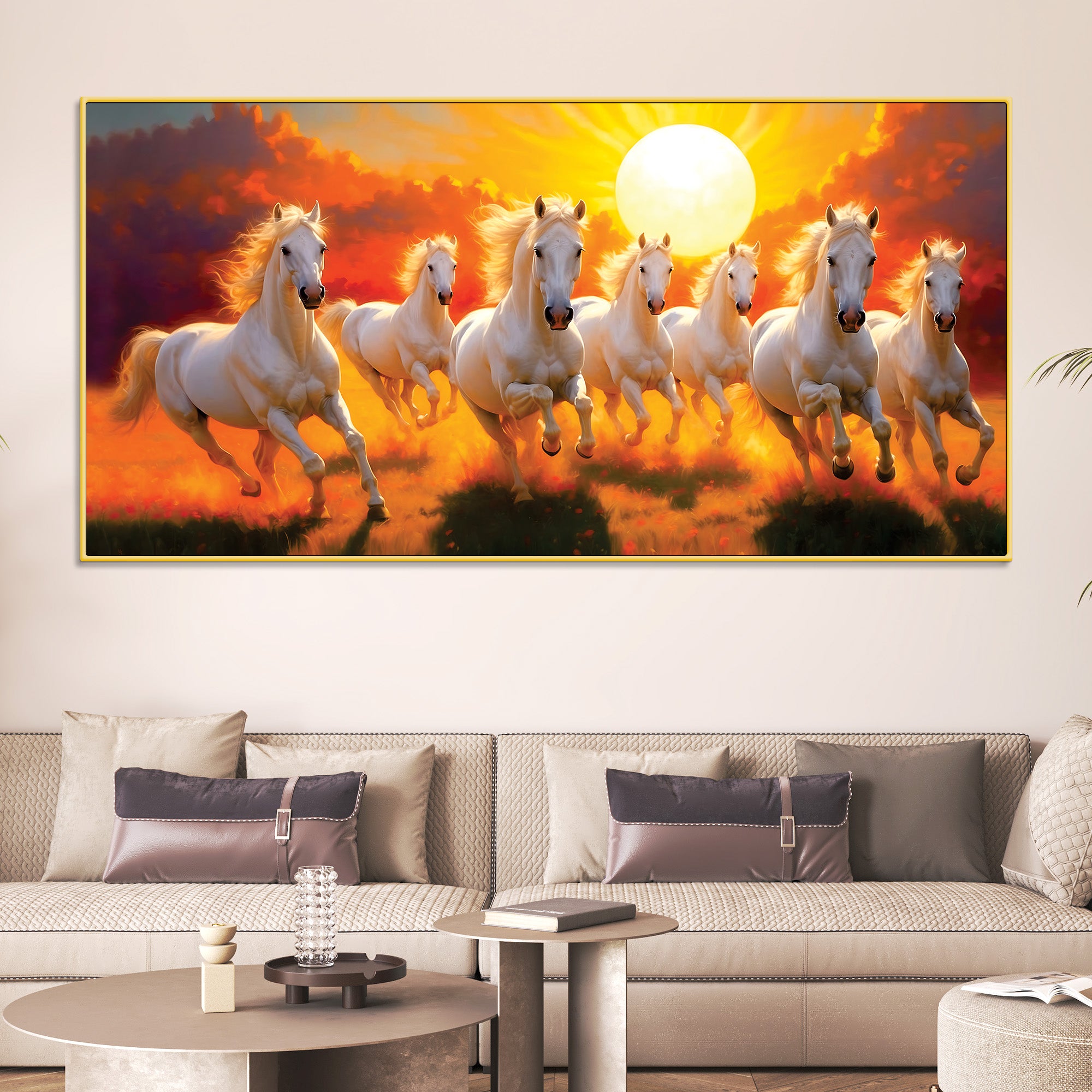 Seven White Horses Running at Dawn Premium Wall Painting