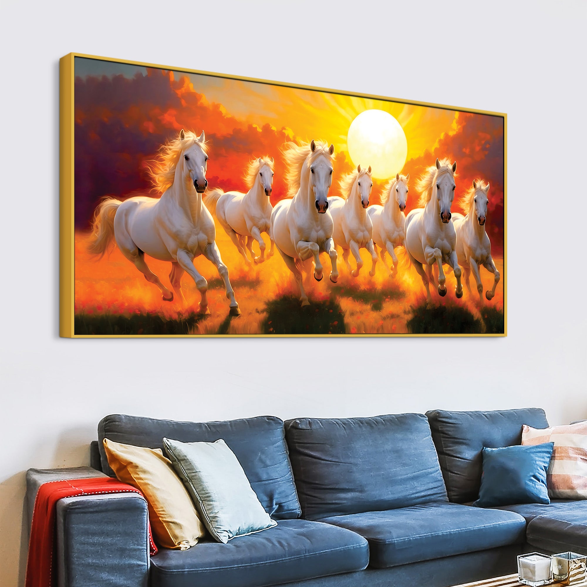 Seven White Horses Running at Dawn Premium Wall Painting