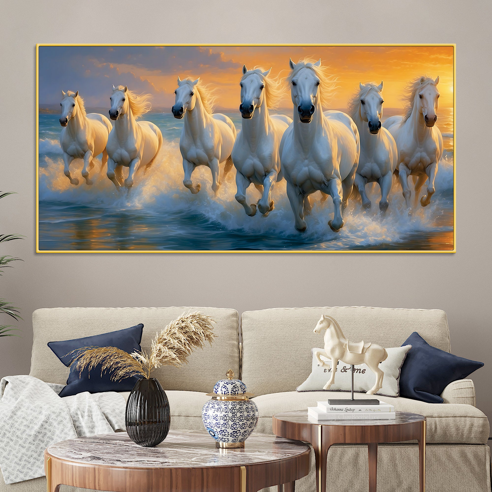 Seven White Horses Running at Sunrise Canvas Wall Painting