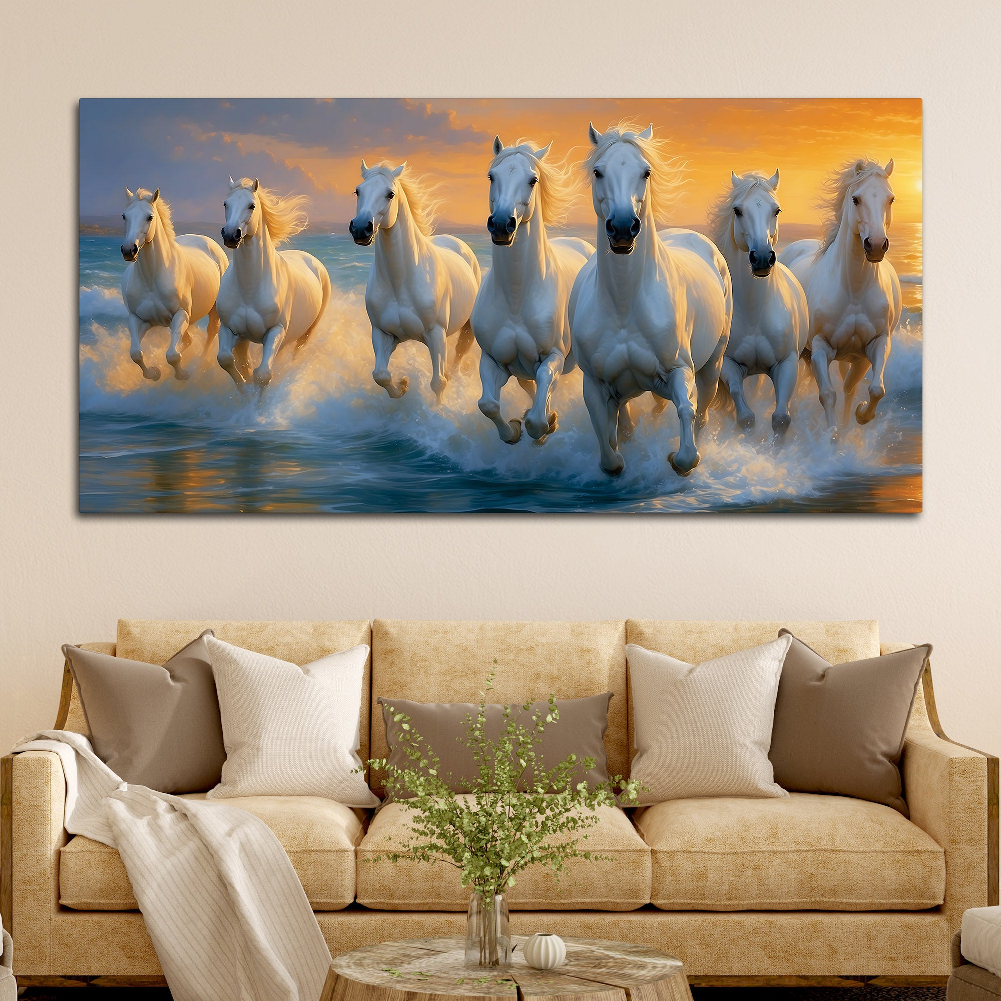 Seven White Horses Running at Sunrise Canvas Wall Painting