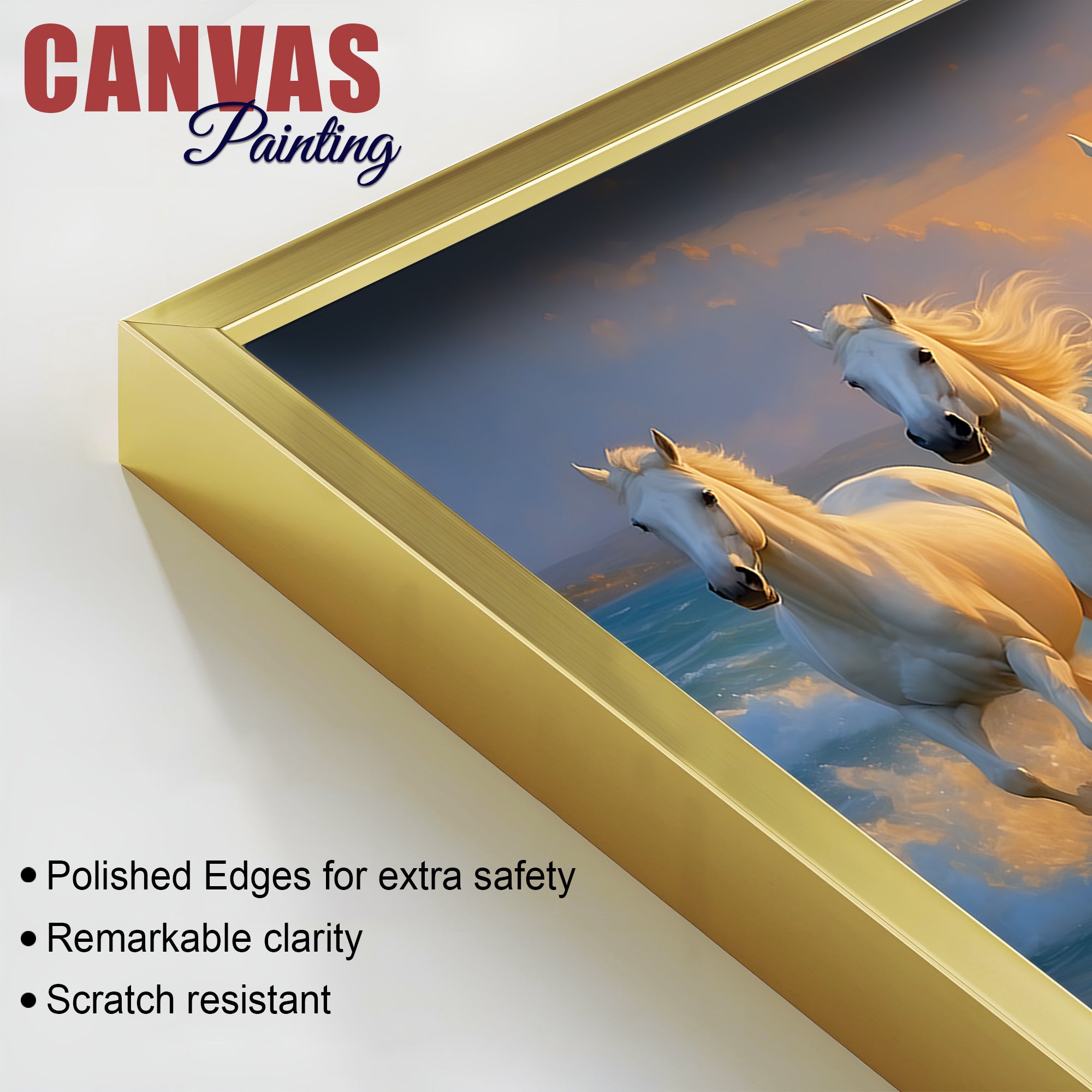 Seven White Horses Running at Sunrise Canvas Wall Painting