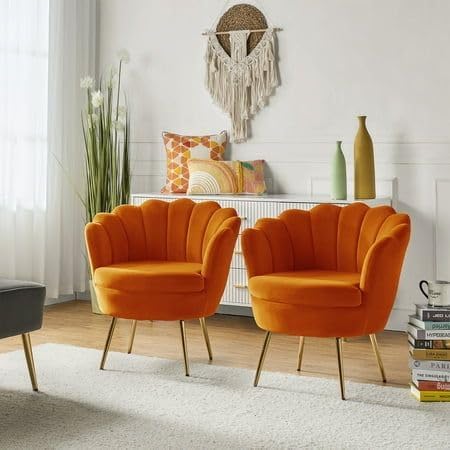Shell Motif Luxury Design Orange Velvet Accent Chair